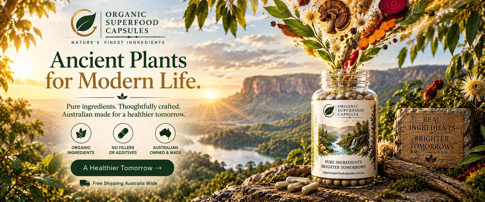 A jar of Organic Superfood Capsules by Nature's Finest Ingredients sits on a log outdoors, with dried flowers and leaves spilling out of the top. The background shows a scenic Australian outback landscape at sunset, with text on the left reading 'Ancient Plants for Modern Life.