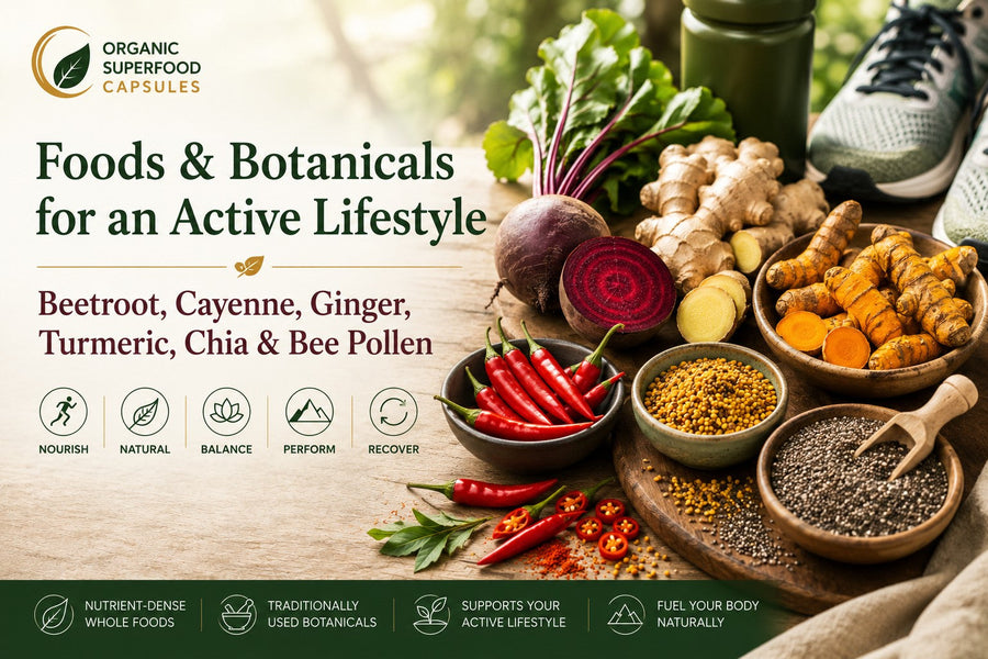 Foods & Botanicals for an Active Lifestyle: Beetroot, Cayenne, Ginger, Turmeric, Chia & Bee Pollen