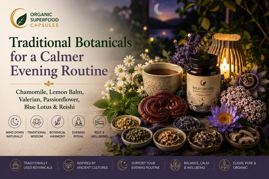 Traditional Botanicals for a Calmer Evening Routine: Chamomile, Lemon Balm, Valerian, Passionflower, Blue Lotus & Reishi