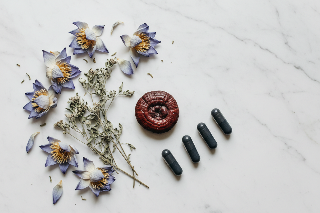 Dried blue lotus flowers, mugwort, reishi mushroom and dark capsules on white marble