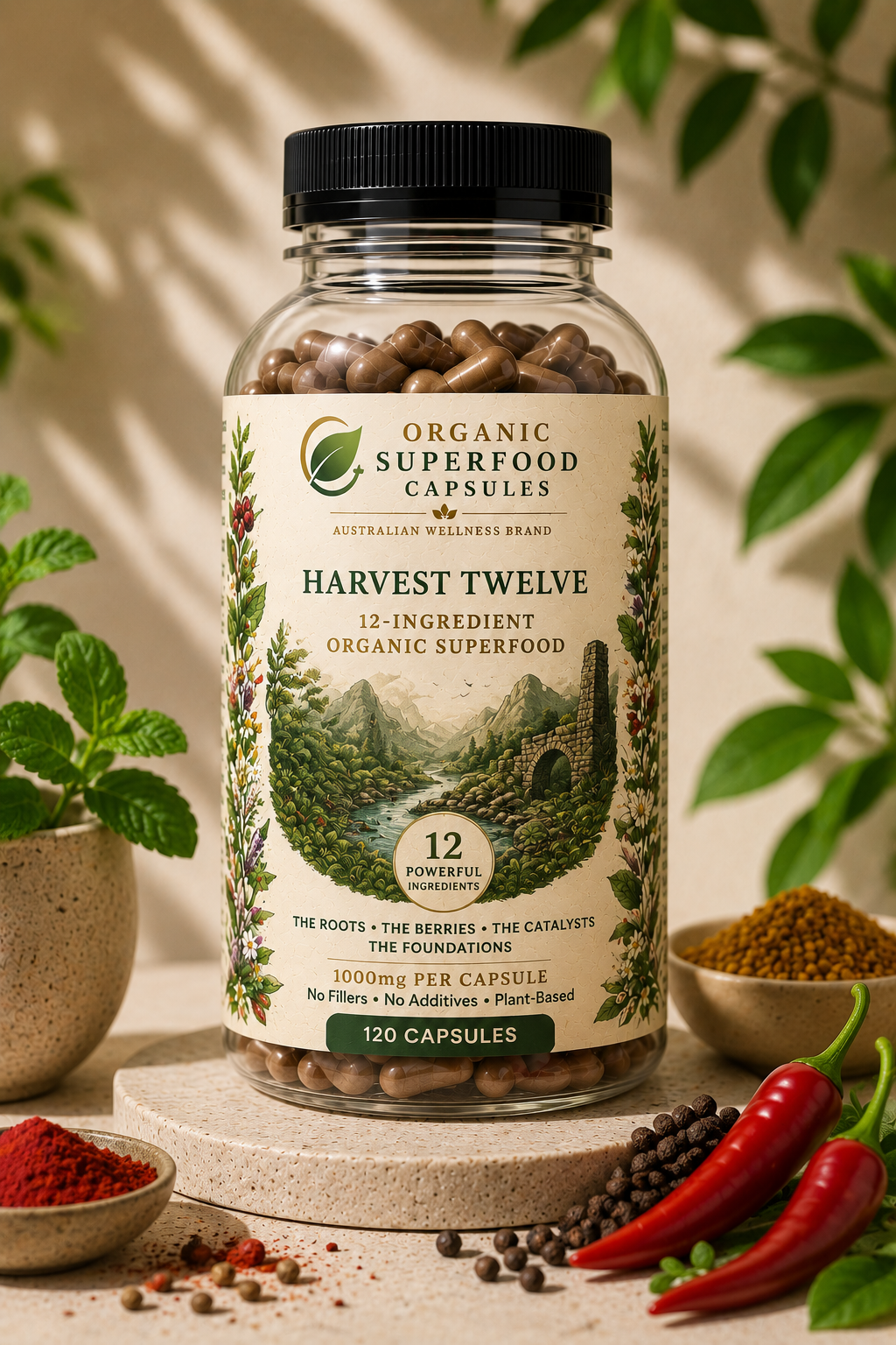 Bottle of Organic Superfood Capsules with natural elements in the background