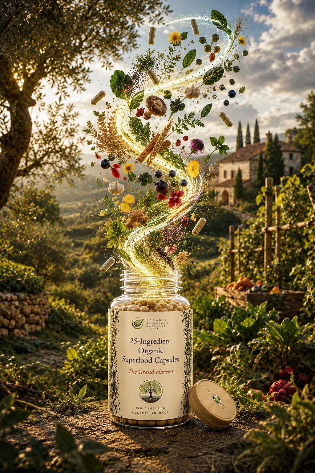 A glass supplement bottle labeled '25-Ingredient Organic Superfood Capsules' stands outdoors in a sunlit garden landscape, with a swirling trail of herbs, flowers, and botanicals rising from the open bottle and a separate wooden lid resting beside it.