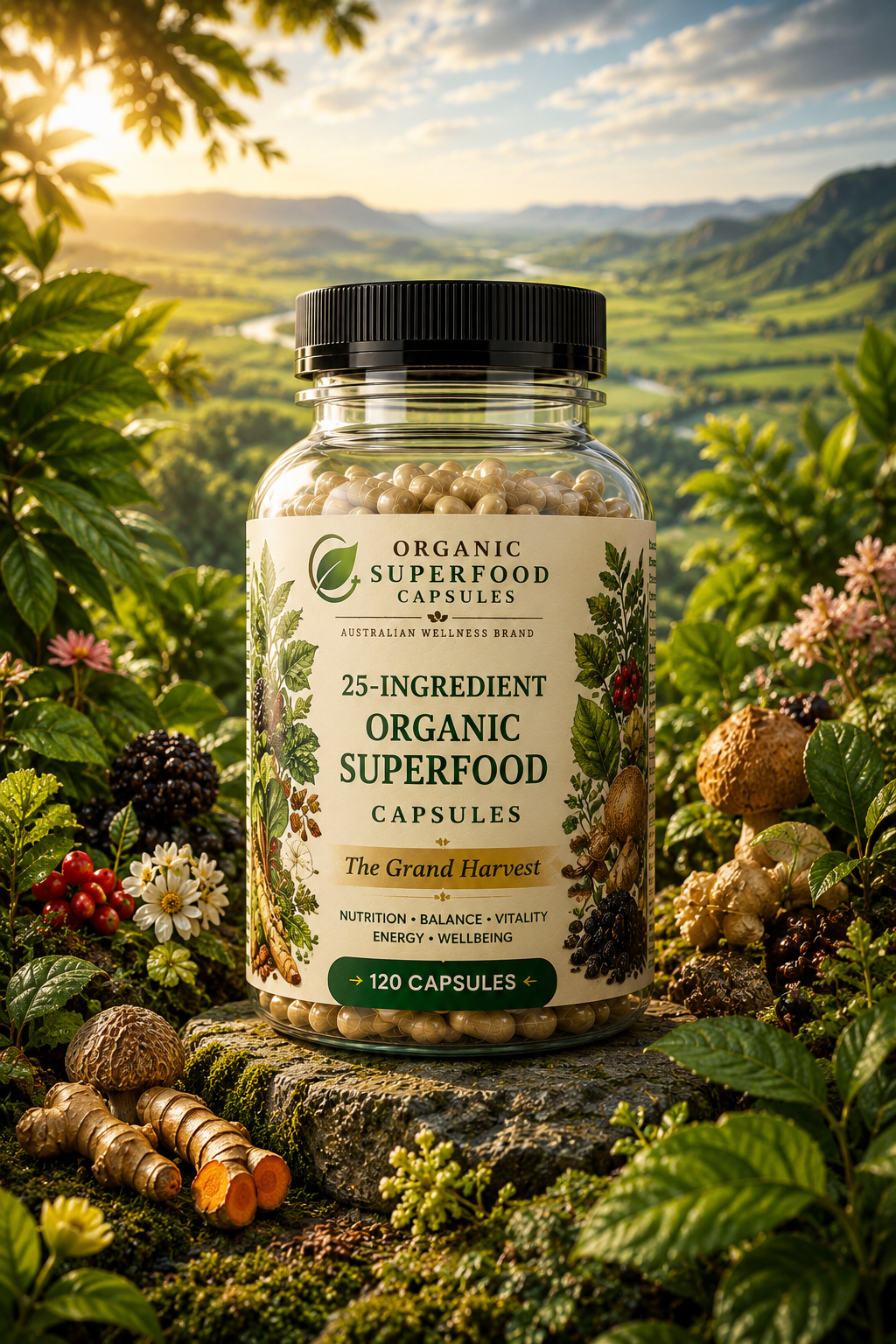Superfood capsules jar with a scenic background. 25-Ingredient Organic Superfood Capsules | The Grand Harvest