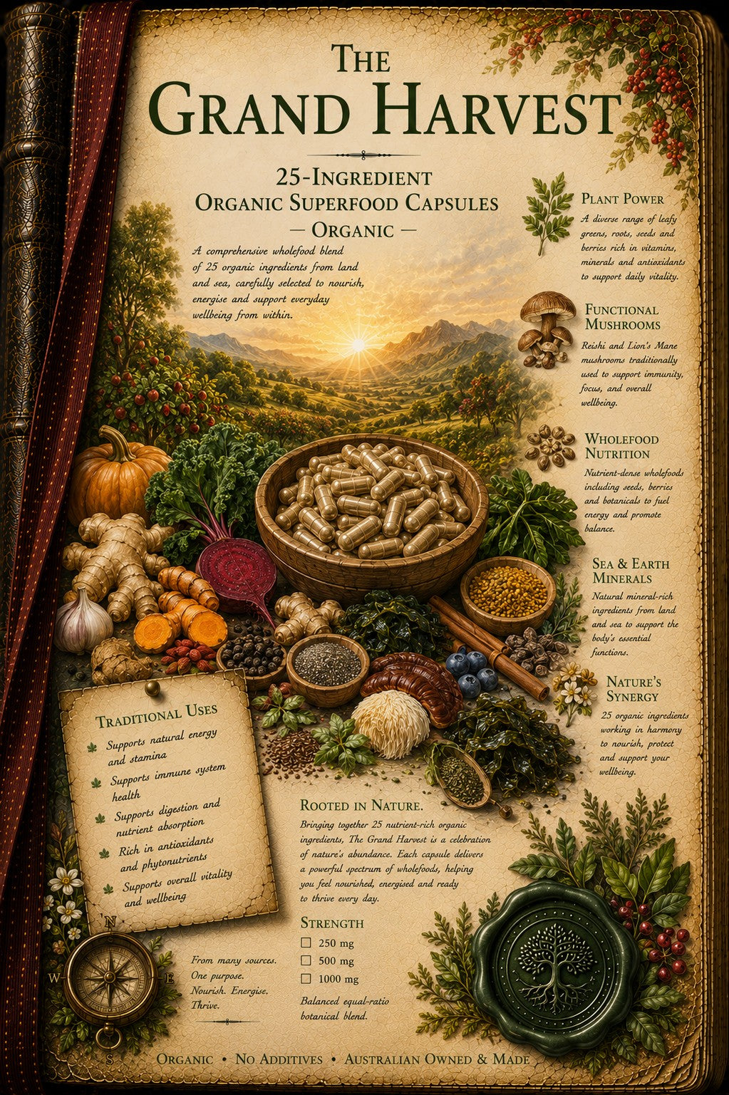 A vintage-style illustrated poster titled 'The Grand Harvest' showing a parchment book cover with botanical illustrations, herbs, spices, and capsules arranged around text panels. The design uses warm earthy tones including brown, beige, green, orange, and red, with a dark red curtain on the left side.