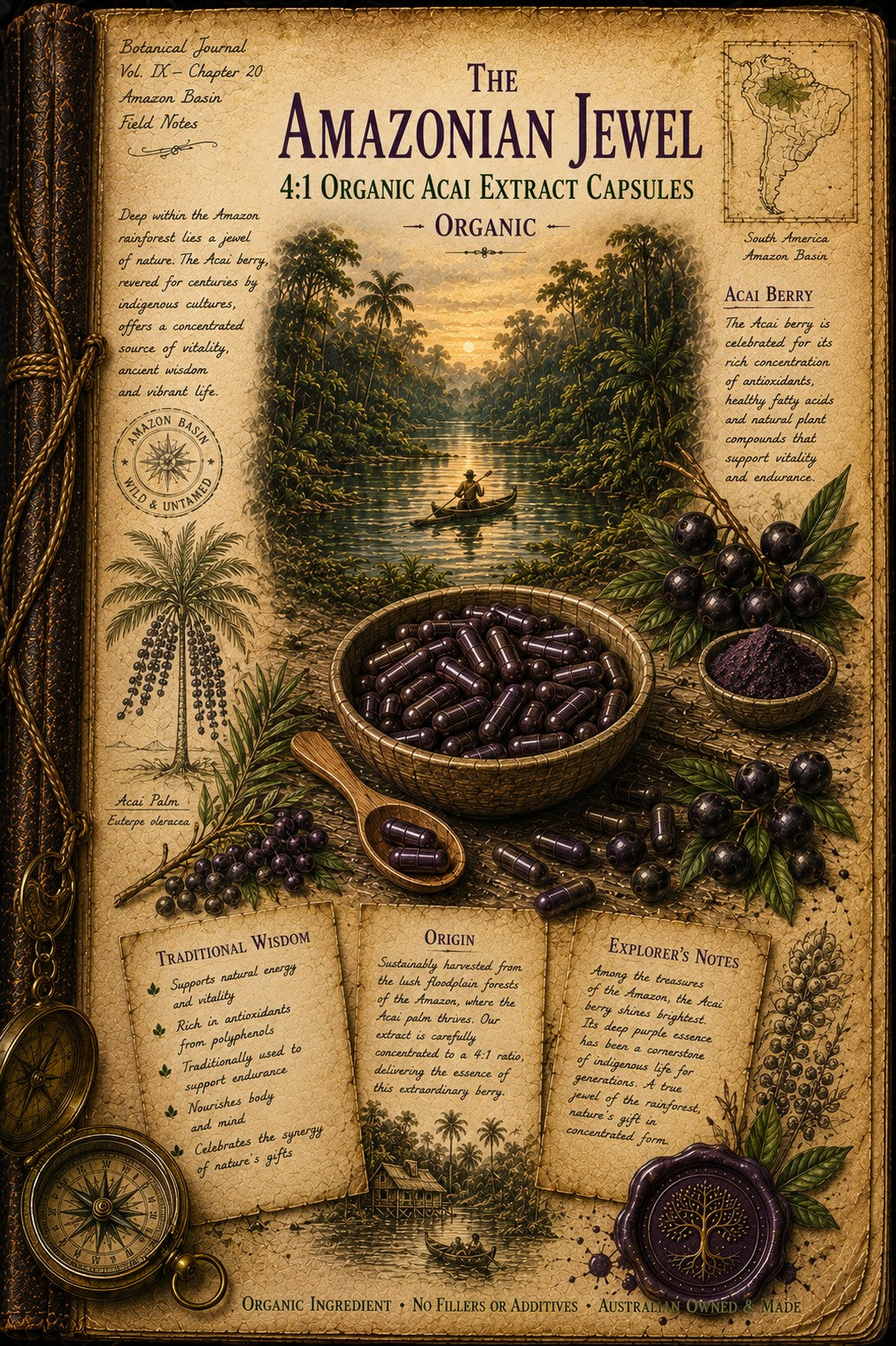 Vintage-style illustrated product card for 'The Amazonian Jewel 4:1 Organic Acai Extract Capsules - Organic'. The design features a central bowl of dark purple acai capsules, a wooden spoon with more capsules, a bowl of acai berries, and a wooden spoonful of purple powder, all arranged around an illustration of a tropical river scene.