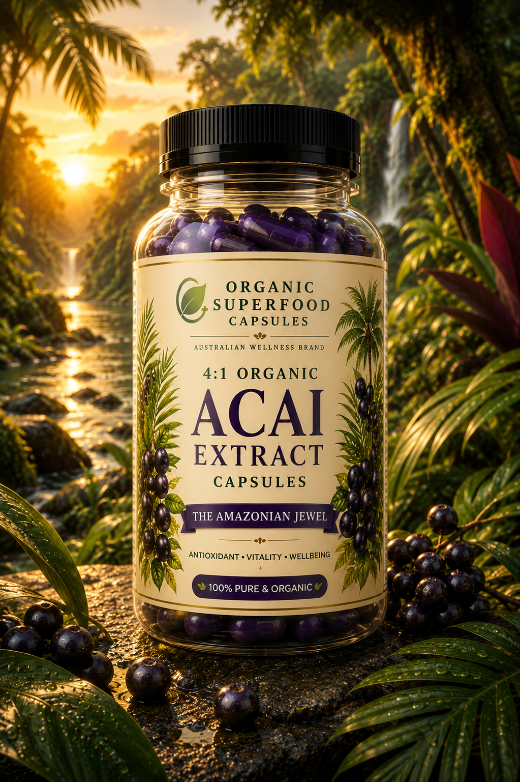 Bottle of Organic Superfood Capsules Acai Extract against a tropical background. 4:1 Organic Acai Extract Capsules | The Amazonian Jewel