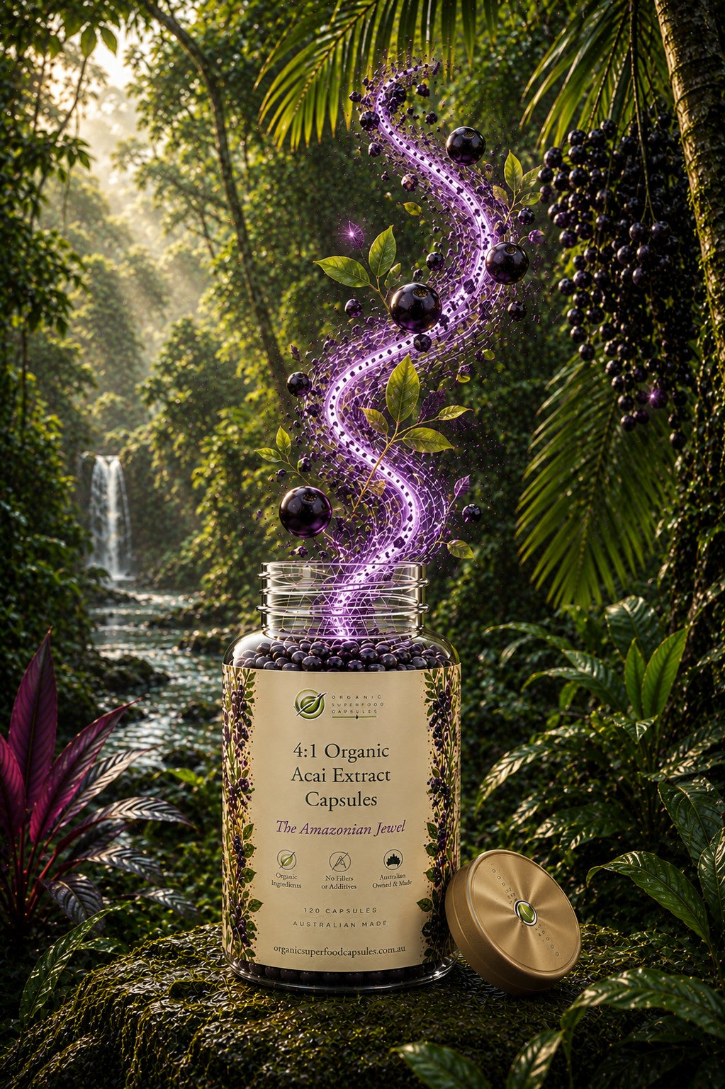 A bottle of 4:1 Organic Acai Extract Capsules with its gold lid resting beside it, set against a lush tropical jungle background with a waterfall. A swirling, magical purple and black acai essence stream rises from the open bottle.