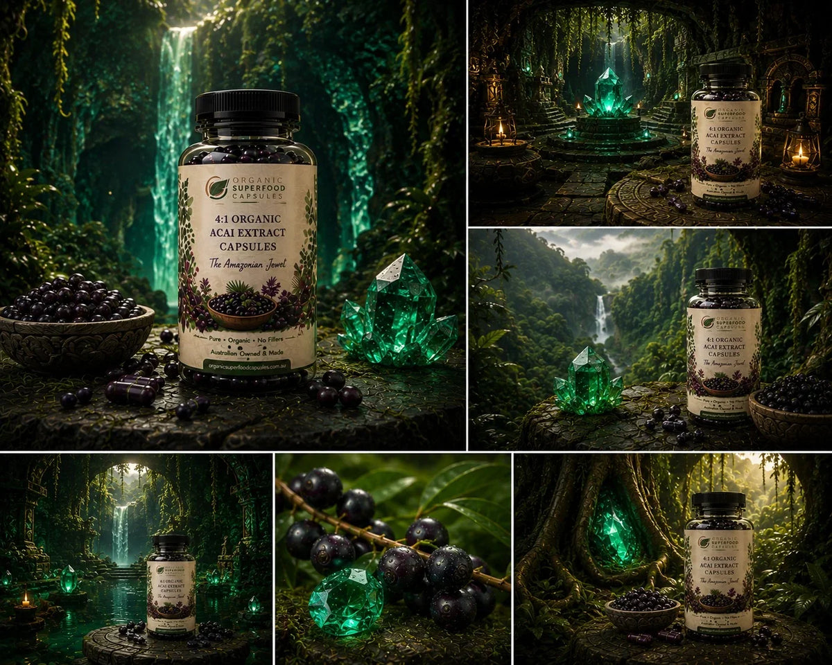 A collage of six panels showing a bottle of Acai 6.5 Organic Berry Extract Capsules placed in fantasy forest and cave scenes with glowing green crystals, dark berries, and mystical lighting.