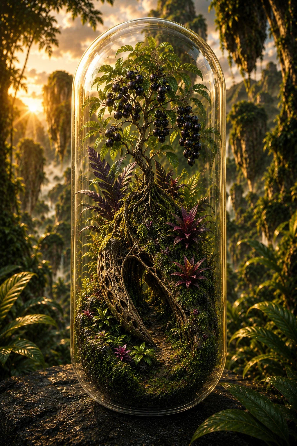 Terrarium with plants and moss against a forest background, 4:1 Organic Acai Extract Capsules | The Amazonian Jewel