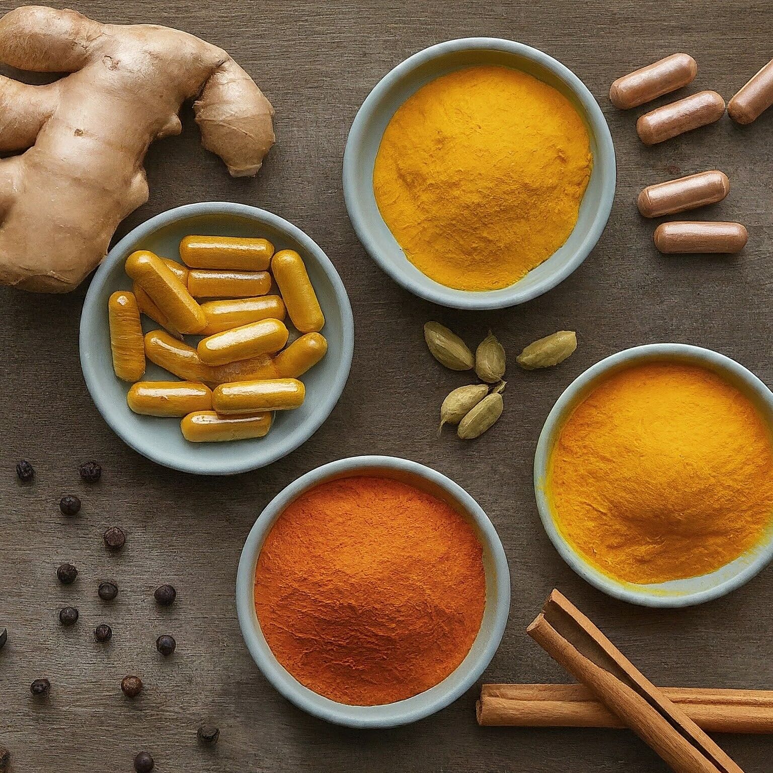 The image displays various bowls containing capsules and powdered spices, alongside whole turmeric, cinnamon sticks, ginger, cardamom, and black pepper, set against a wooden backdrop.