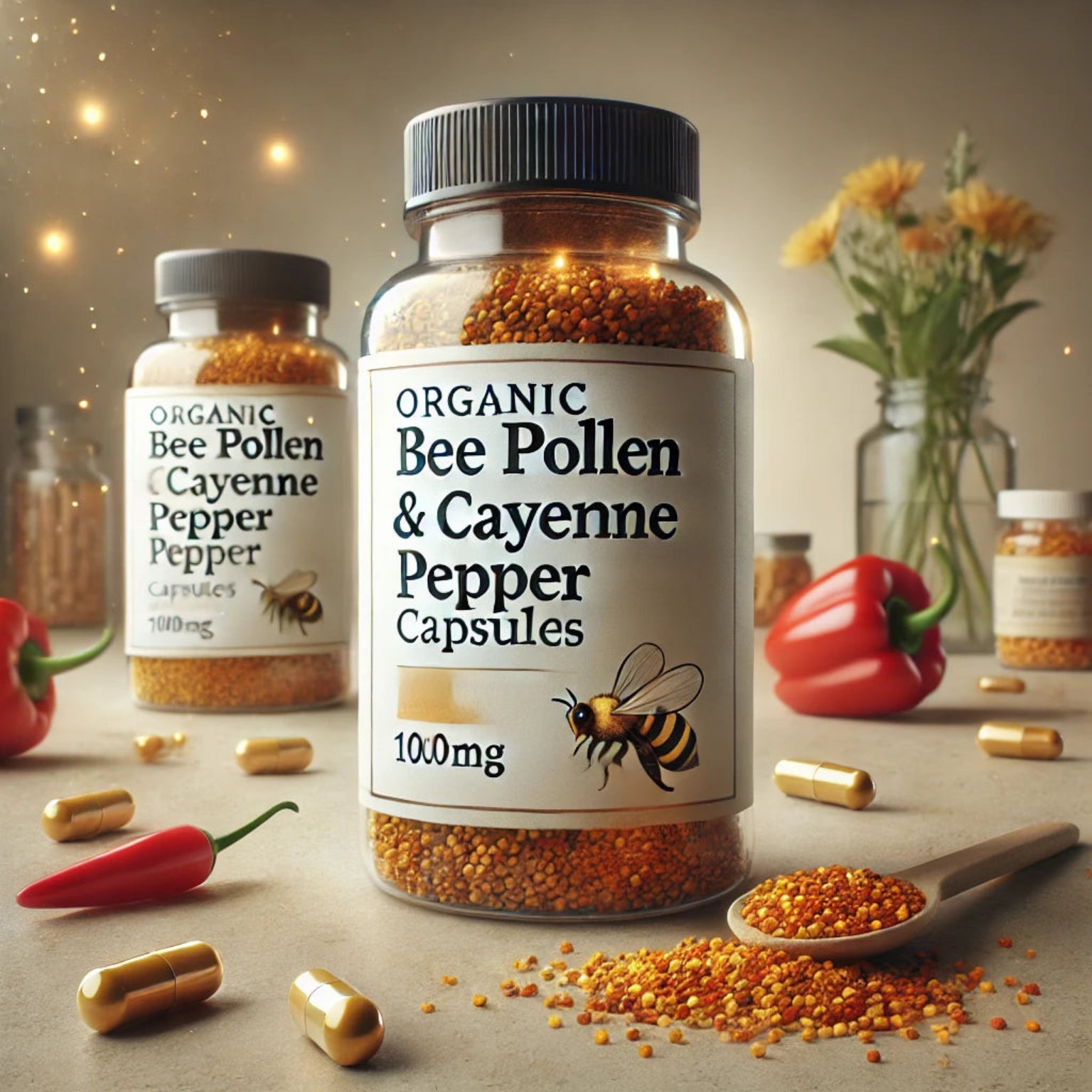 A bottle of Organic Bee Pollen & Cayenne Pepper Capsules with a few capsules spilled out in front, alongside a spoon with more capsules on it. In the background, there are vegetables and a jar, creating a thematic setting for natural and organic supplements.