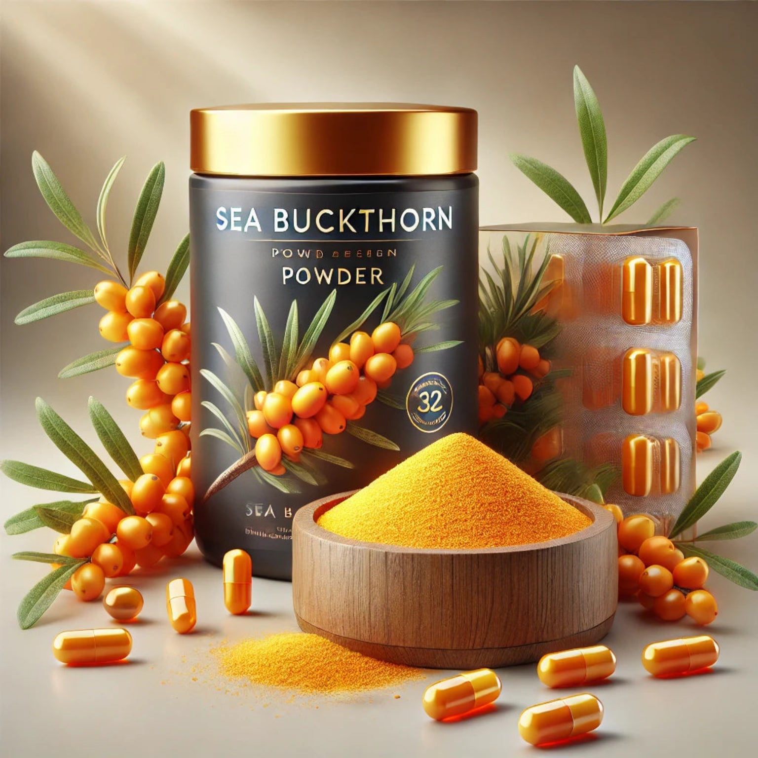Organic Sea Buckthorn Powder capsules and a container with sea buckthorn berries and leaves in the background, emphasizing the superfood nature of the product.