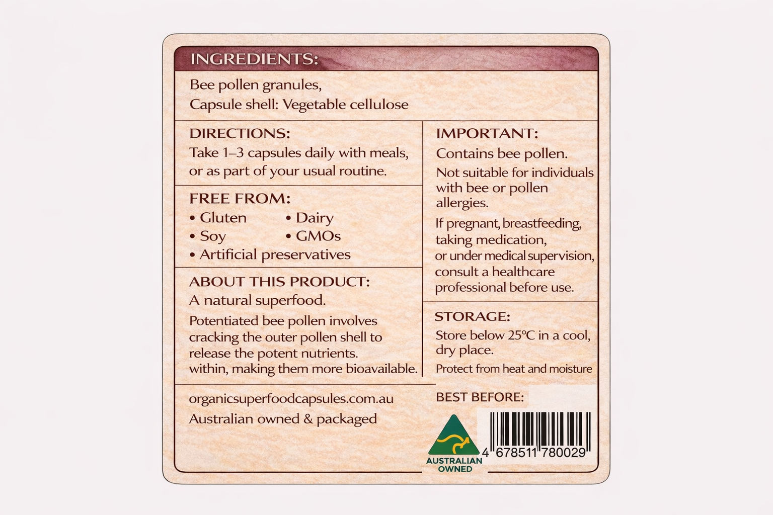 Back of a supplement capsule with ingredient list, directions, and product details on a beige background.