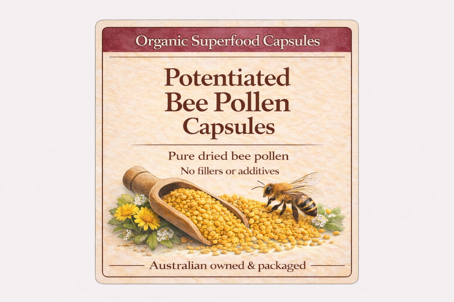 Package of Organic Superfood Capsules with bee pollen and a bee illustration on a beige background.