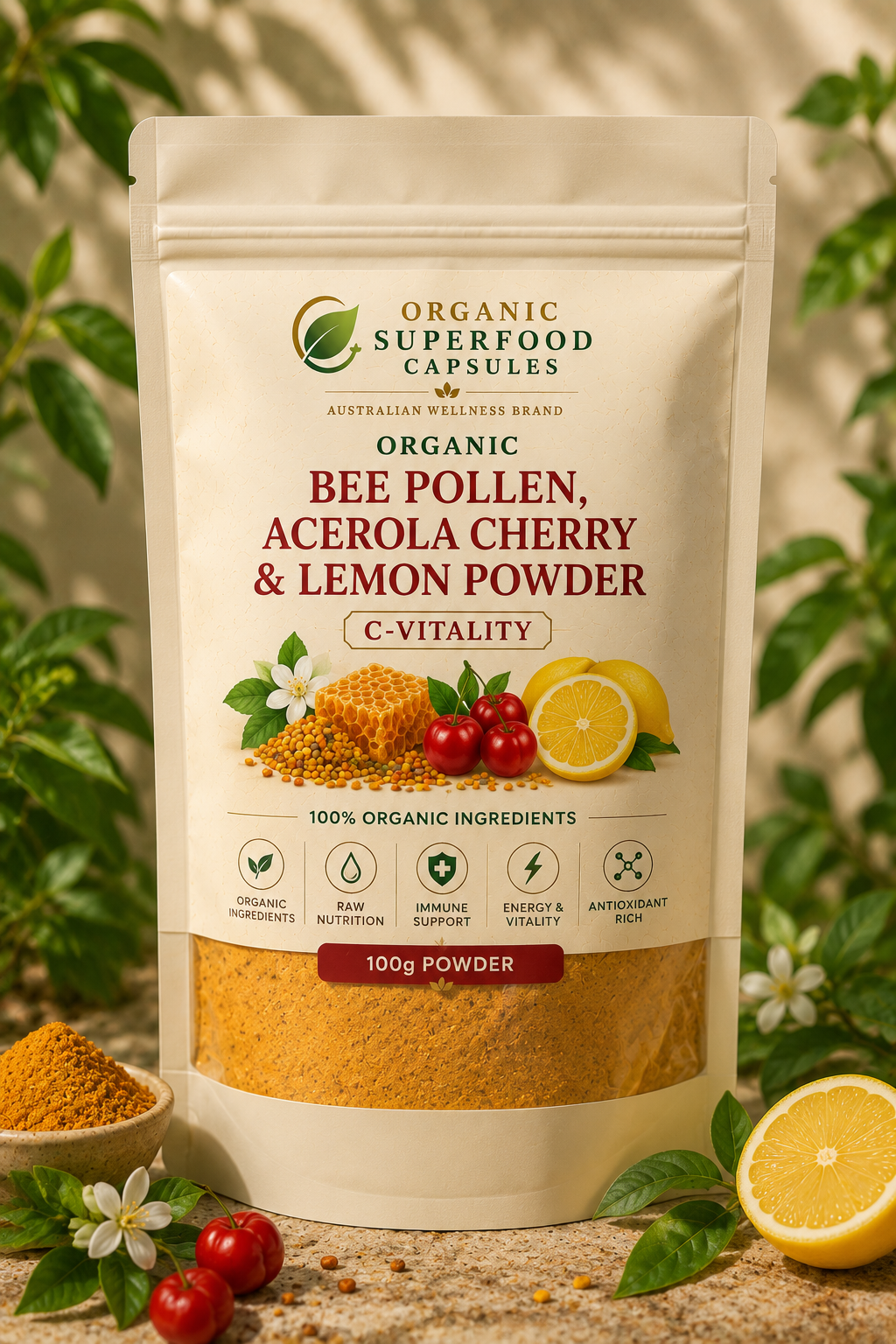 Package of Organic Superfood Mix with bee pollen, acerola cherry, and lemon powder on a natural background. Bee Pollen, Acerola Cherry & Lemon Powder (100g) | C-Vitality