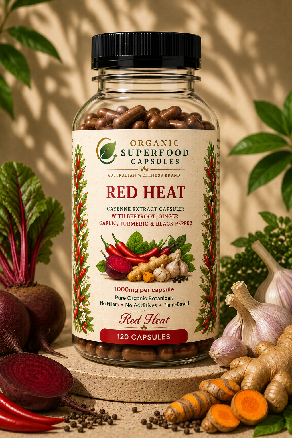 Bottle of Organic Superfood Capsules Red Heat with superfoods like garlic and turmeric on a wooden surface. Cayenne Extract Capsules with Beetroot, Ginger, Garlic, Turmeric & Black Pepper | Red Heat