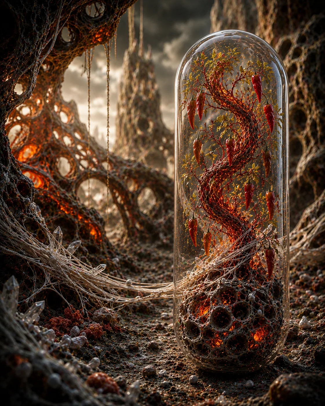 Glass dome containing a twisted, fiery creature in a dark, forest-like setting. Organic Cayenne & MSM Capsules | Spark & Structure