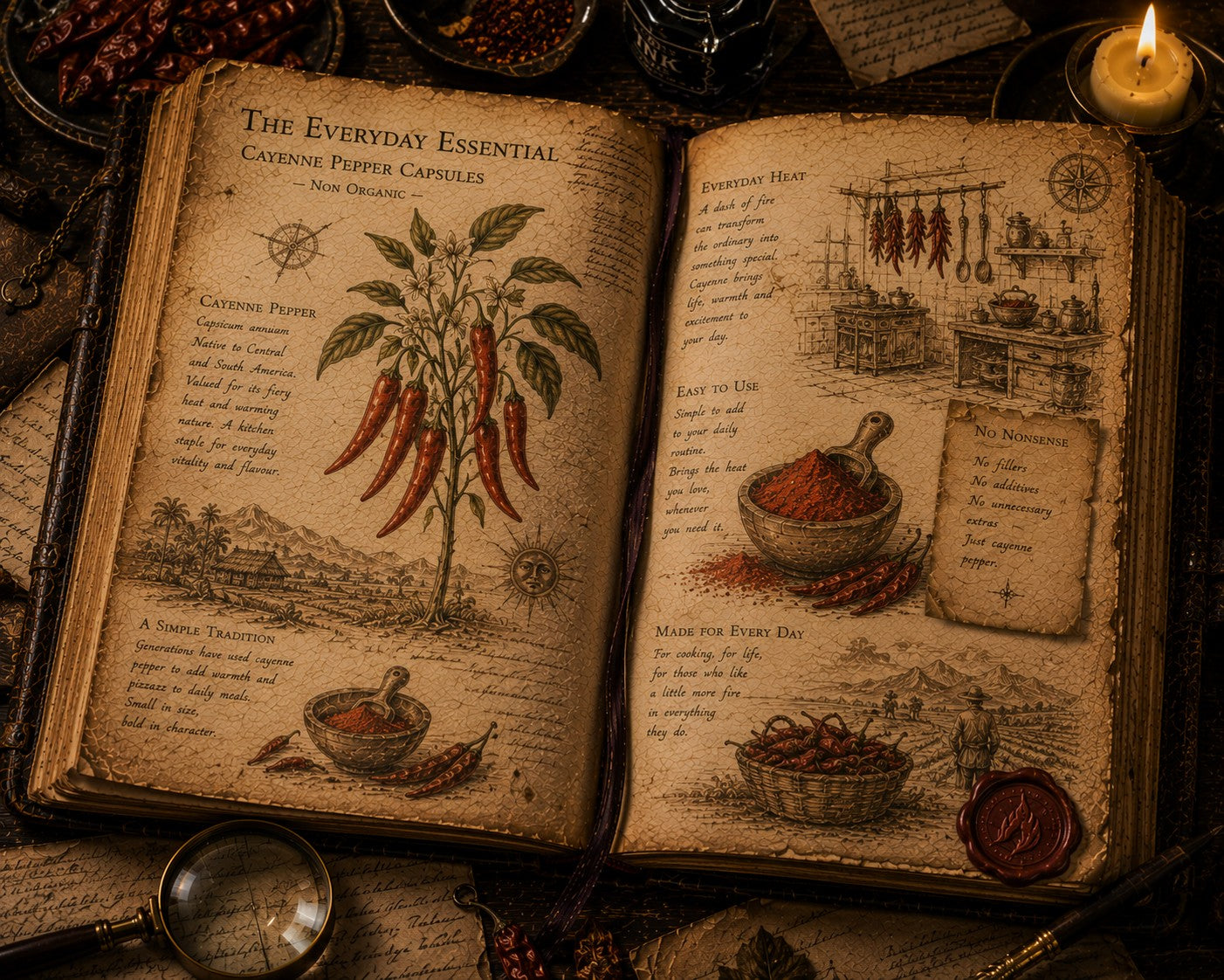 An open antique-style recipe book titled 'The Everyday Essential' showing vintage illustrations of cayenne peppers, spices, and kitchen scenes on aged parchment pages, surrounded by dark wood, dried herbs, a magnifying glass, and a lit candle.