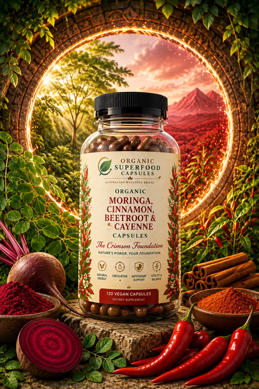 A bottle of Organic Superfood Capsules containing Moringa, Cinnamon, Beetroot & Cayenne, styled in a lush, circular forest scene with red chilies, cinnamon sticks, and sliced beets.