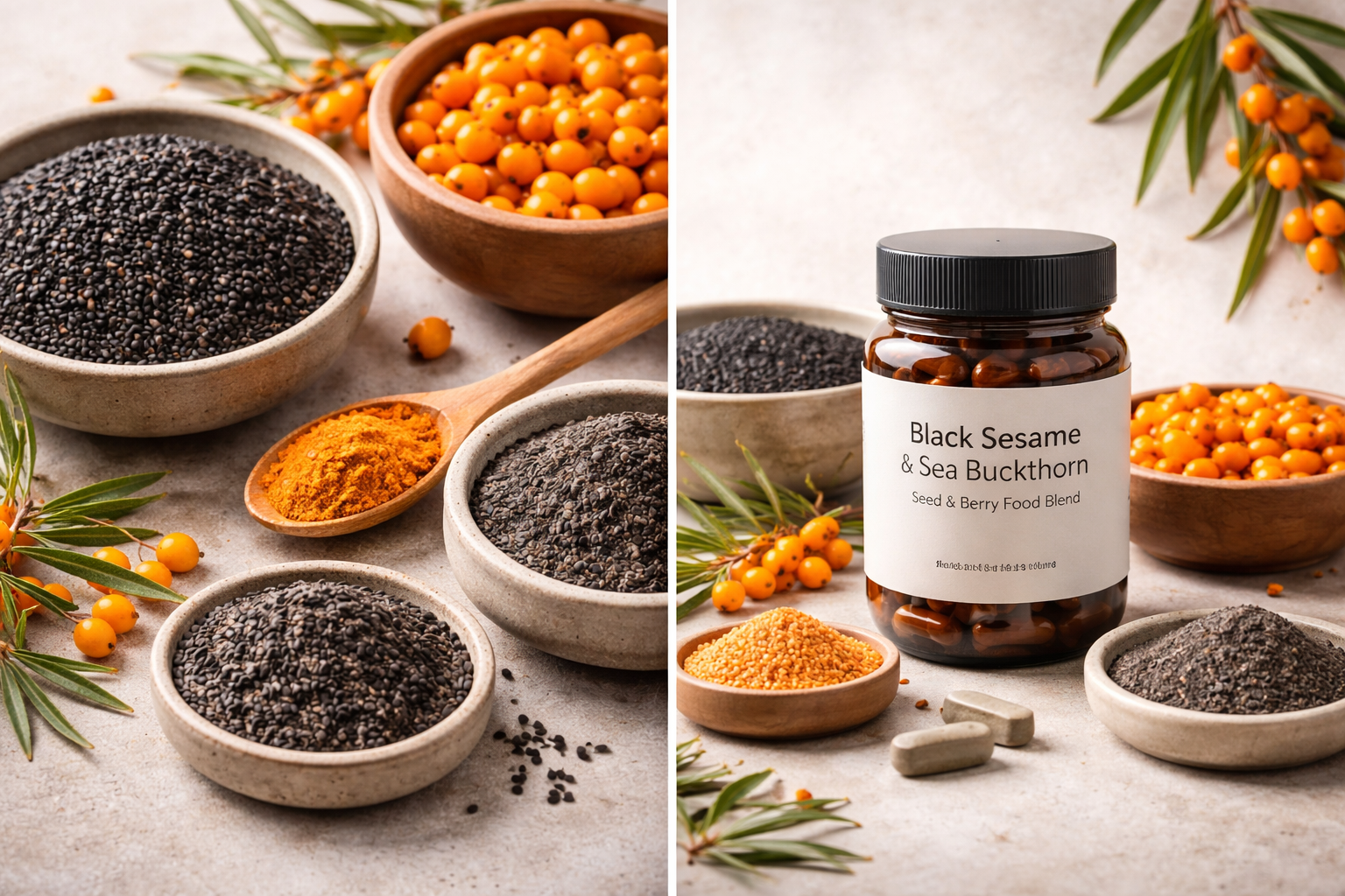 Collage of black sesame seeds, sea buckthorn berries, and a supplement bottle on a light background.