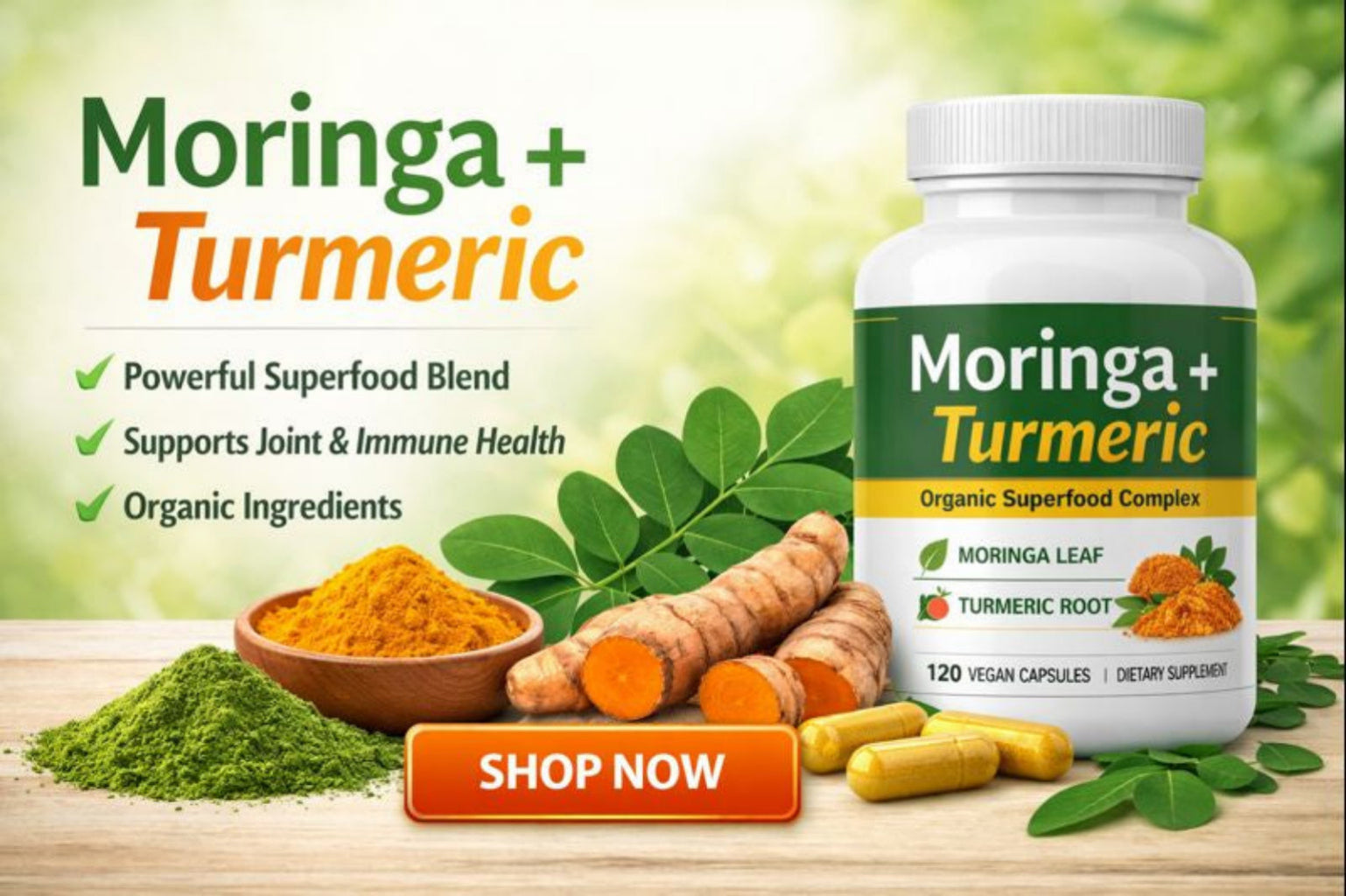 Moringa and Turmeric supplement bottle with ingredients on a wooden surface