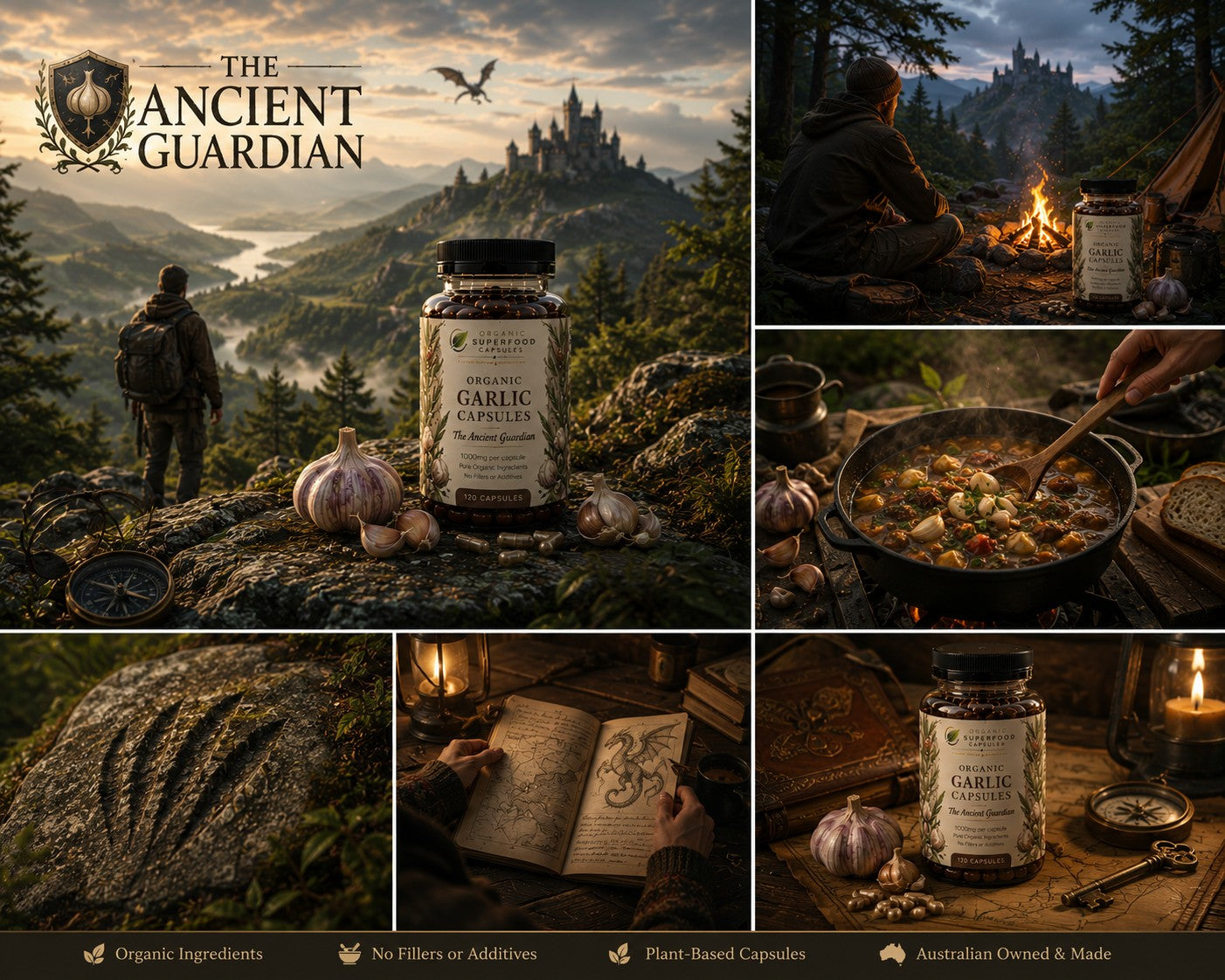 A promotional collage for The Ancient Guardian Garlic Capsules supplement, featuring a large product jar in scenic fantasy-style settings including a mountain landscape, campfire by the sea, cooking over an open fire, and an open book. The jar label reads 'The Ancient Guardian' and 'Garlic Capsules'.