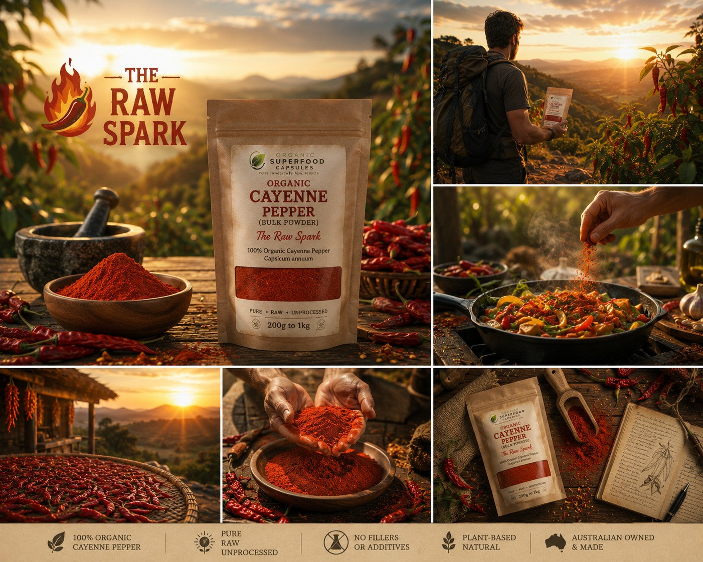 A collage-style promotional graphic for SuperFoods Raw Spark Cayenne Pepper. The central product is a stand-up pouch of raw cayenne pepper shown prominently, with surrounding lifestyle scenes including a person holding a pouch in a field, hands sprinkling pepper, cooked food with seasoning, dried red peppers, and text callouts about organic, air-free storage, and Australian made.