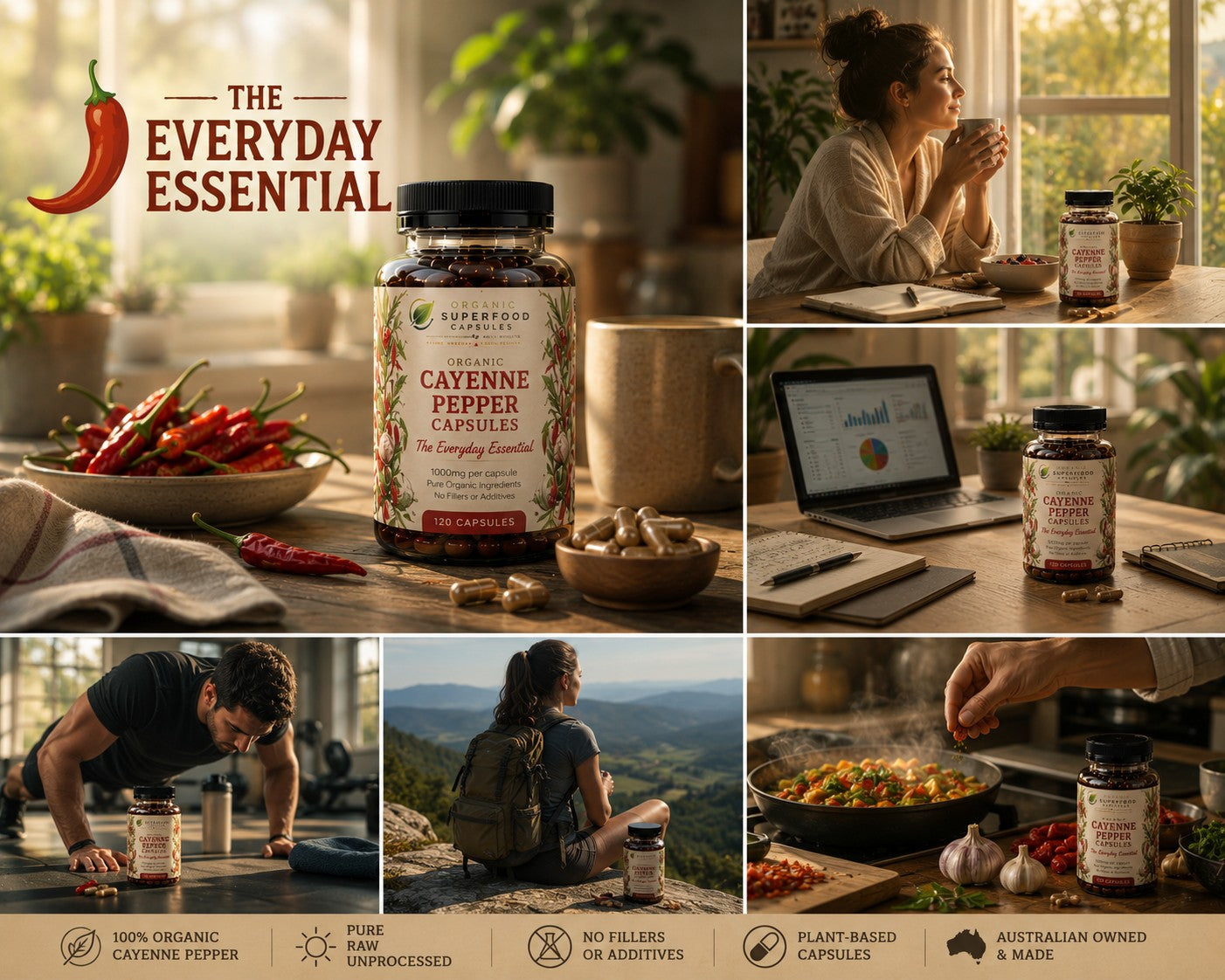 A promotional collage for a jar of cayenne pepper capsules. The main product jar is shown prominently in several panels, with lifestyle scenes of people cooking, drinking, working, and exercising around it.