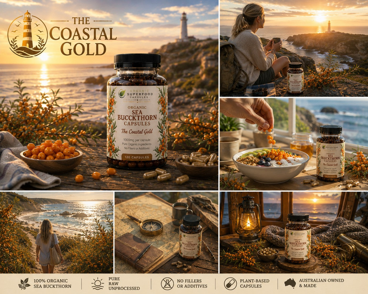 A collage-style promotional image for 'The Coastal Gold' sea buckthorn capsules by Organics & The Outdoors. The main panel shows a bottle of the golden capsules on a rustic wooden table with a bowl of loose capsules and a small dish of dried sea buckthorn flowers.
