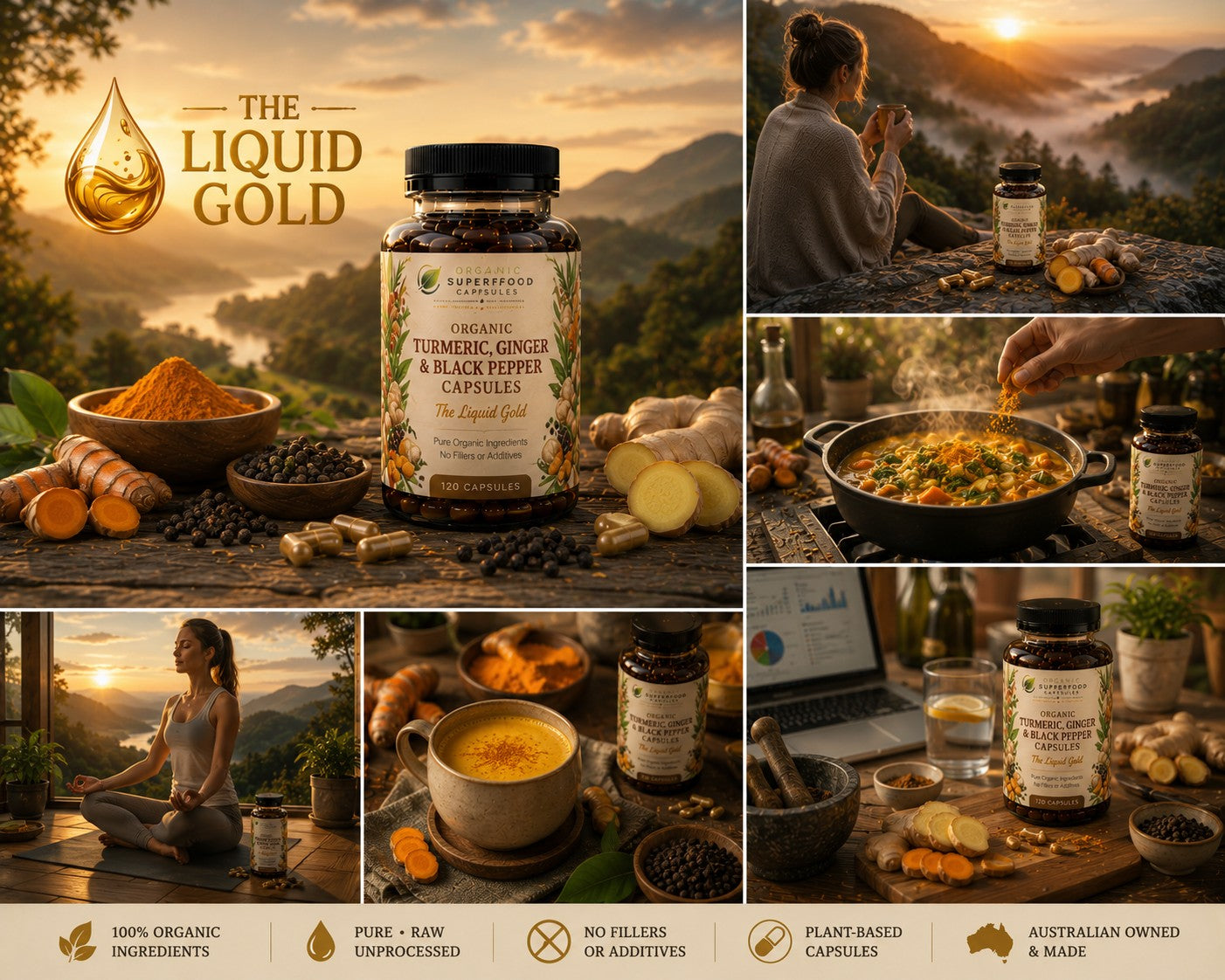 A collage-style promotional graphic for a supplement bottle labeled 'The Liquid Gold' with turmeric, ginger, and black pepper capsules. The main bottle is shown prominently in the center, surrounded by ingredient bowls, capsules, and lifestyle scenes of people preparing and drinking the product in outdoor mountain settings at sunset.
