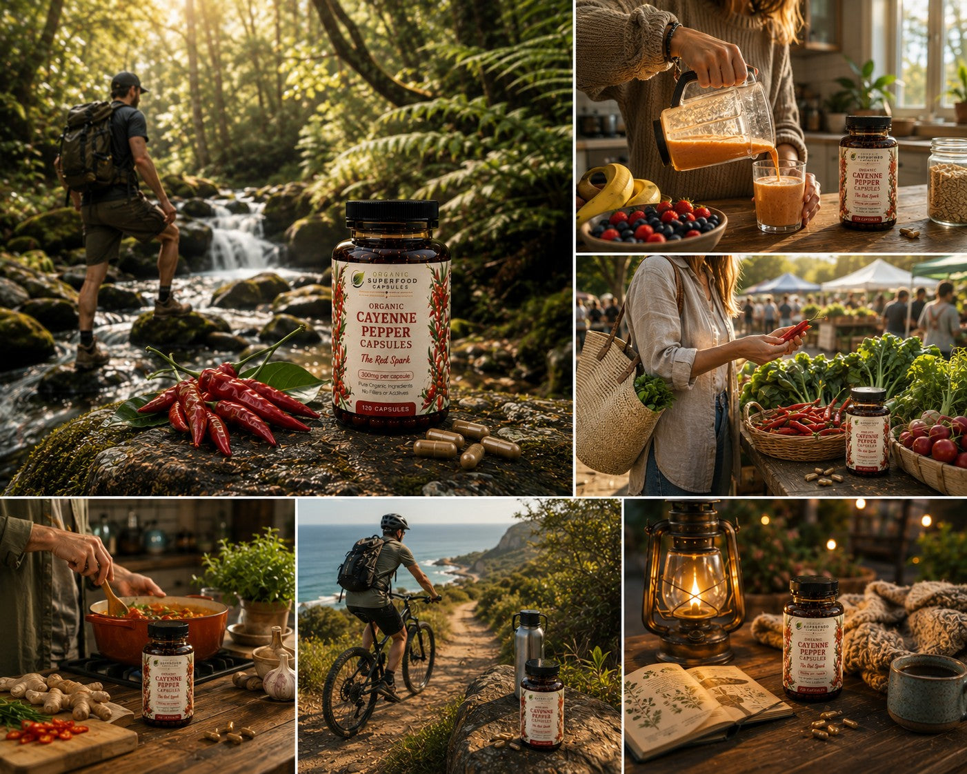 A six-panel collage showcasing a jar of California Pepper Lifestream supplement in various lifestyle settings: on a mossy rock by a stream, next to fresh red peppers, on a mountain bike trail, on a kitchen counter, and on a rustic table with a lantern.