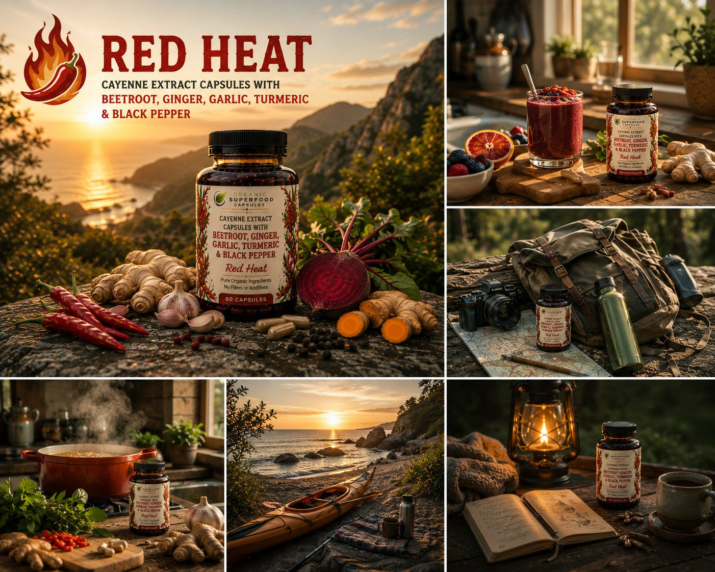 A collage-style promotional graphic for Red Heat cayenne extract capsules. The left panel shows a large bottle of the product with red chili peppers, garlic, turmeric root, and ginger on a rocky mountainside at sunset, with the brand text 'RED HEAT' and product name at the top.