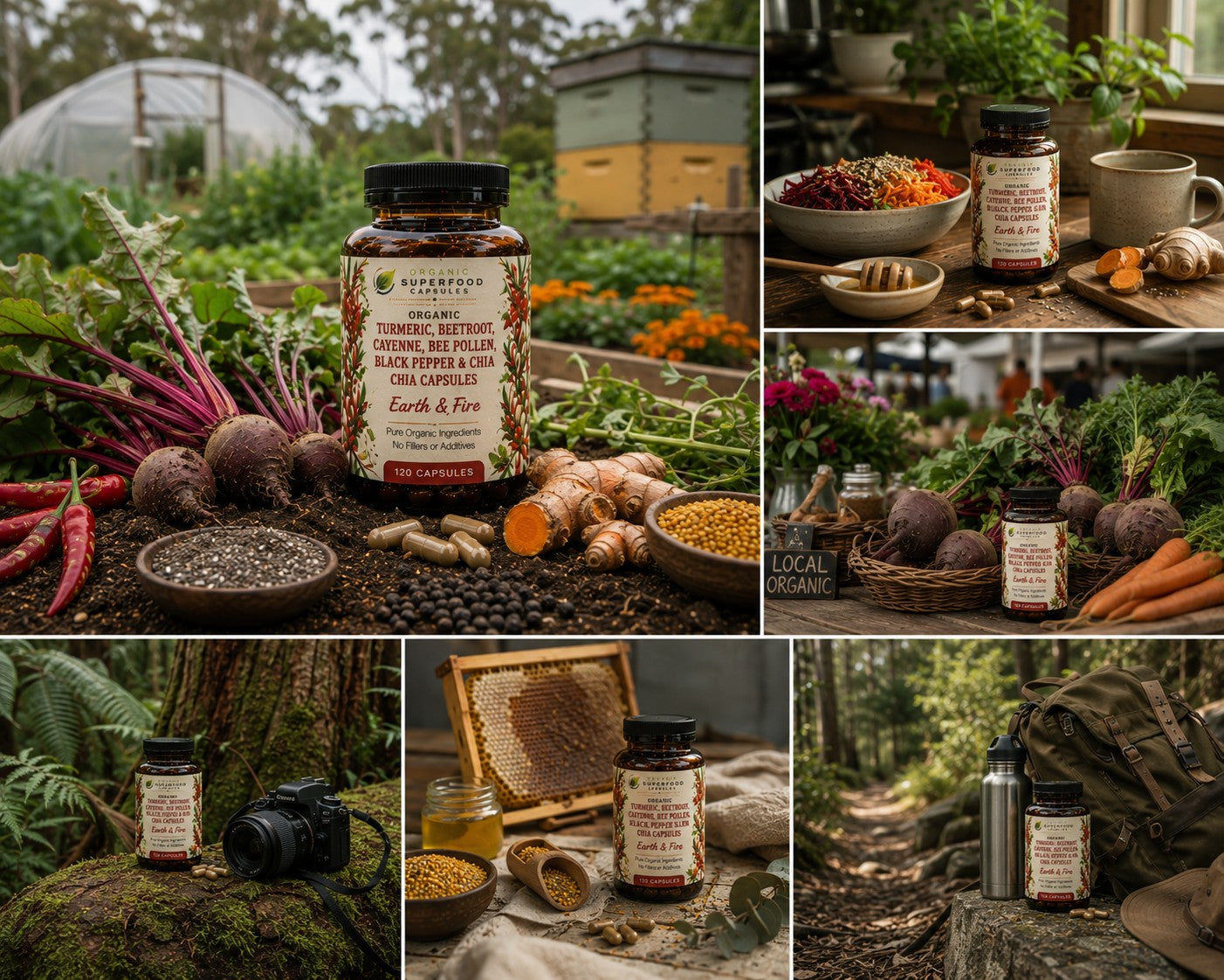 A six-panel collage showcasing a jar of 'Earth & Fire' Turmeric, Hops, and Black Pepper cold and flu remedy. The product is displayed in various natural, rustic settings including a garden with fresh beets and herbs, a rustic kitchen with bowls of ingredients, a forest path with a thermos, and a mossy log with a camera.