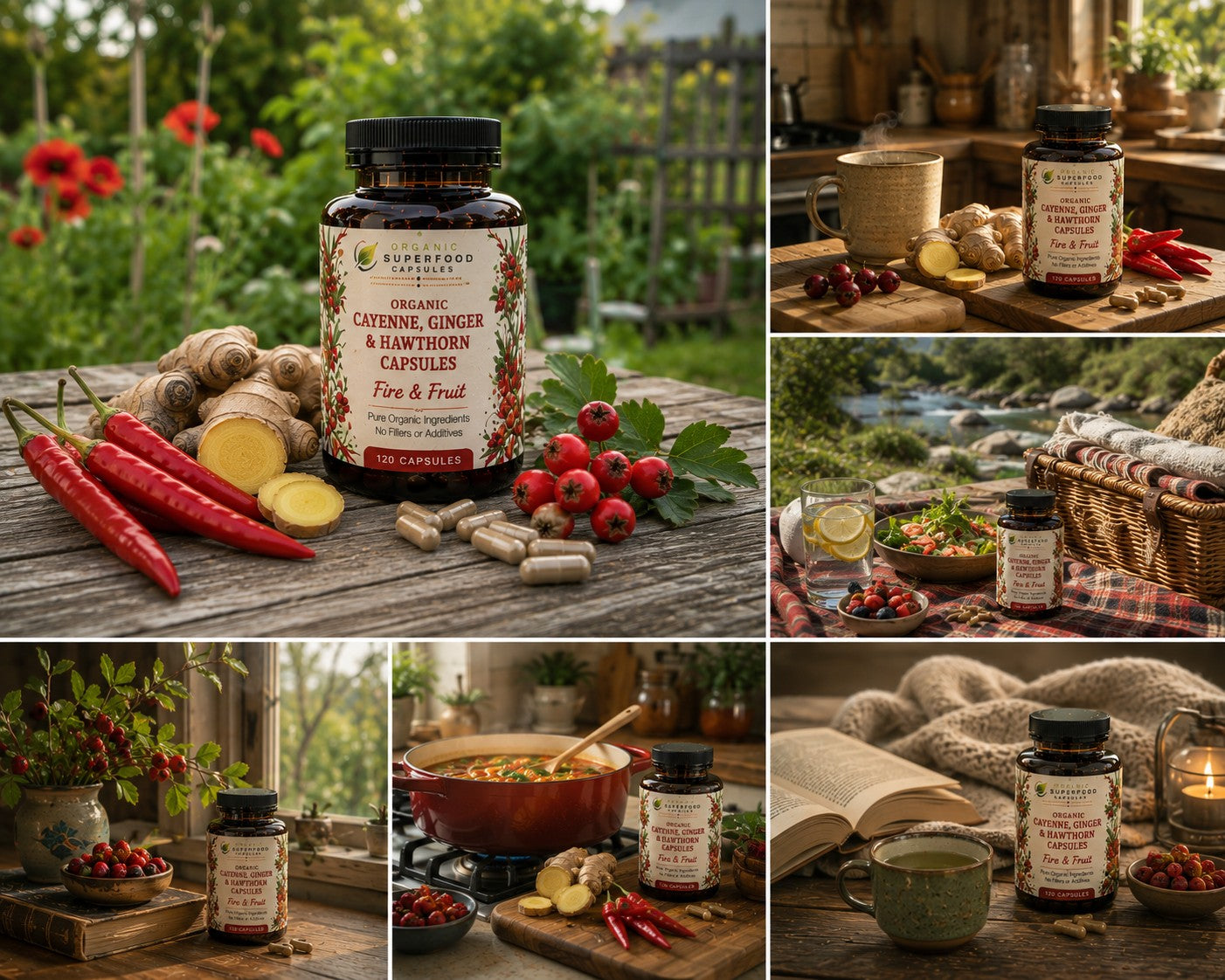 A six-panel collage showing a bottle of organic cayenne ginger and heartwood capsules, with ginger roots, red chilies, berries, and cozy lifestyle settings including a garden, rustic kitchen, picnic, and by a window.
