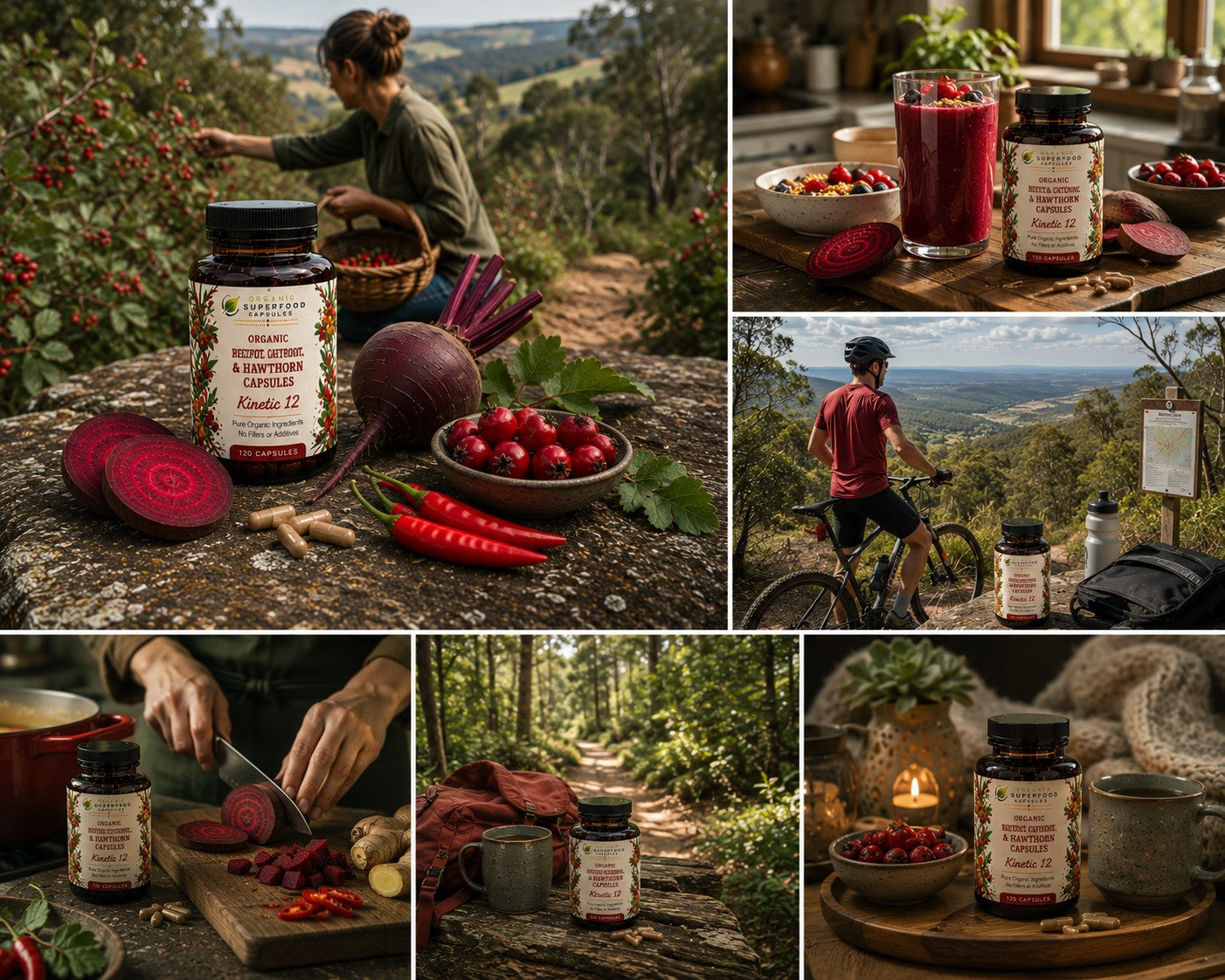 A 5-panel collage showcasing organic beet products, including beet juice, beet sugar, and beet greens, in various outdoor and rustic lifestyle settings with people, cyclists, and forests.
