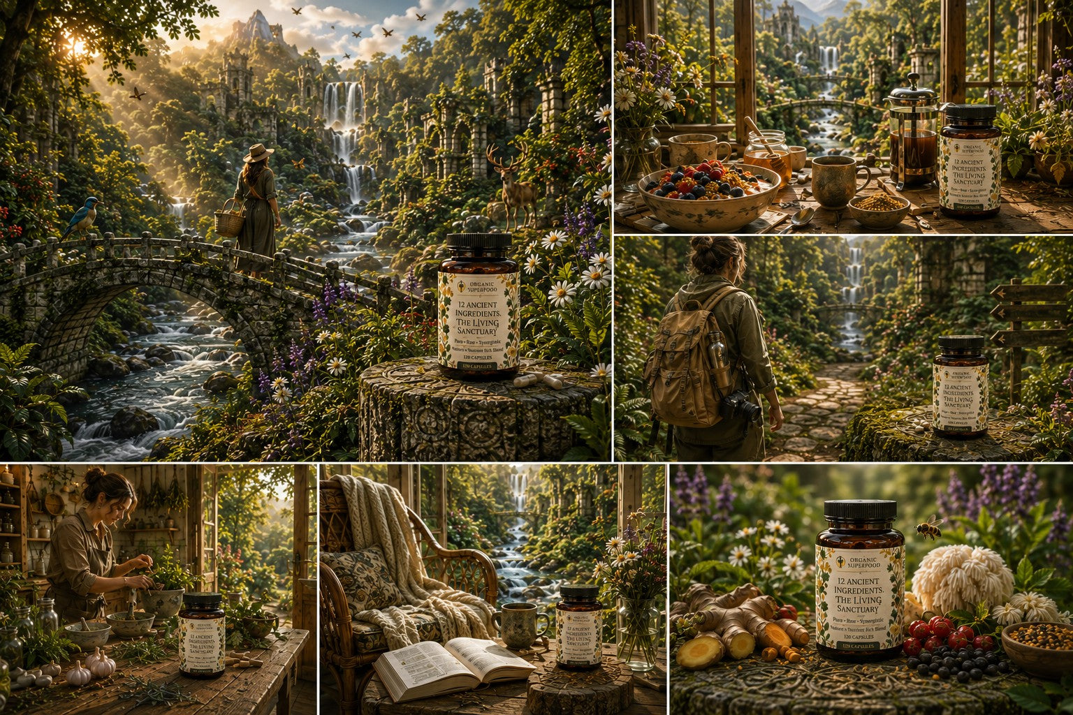 A collage of six warm-toned scenes featuring a small jar with a cream label placed in a lush fantasy forest, beside a stream, on a stone table, and surrounded by fruits, flowers, and cozy interior props. No clear readable brand is visible on the labels.