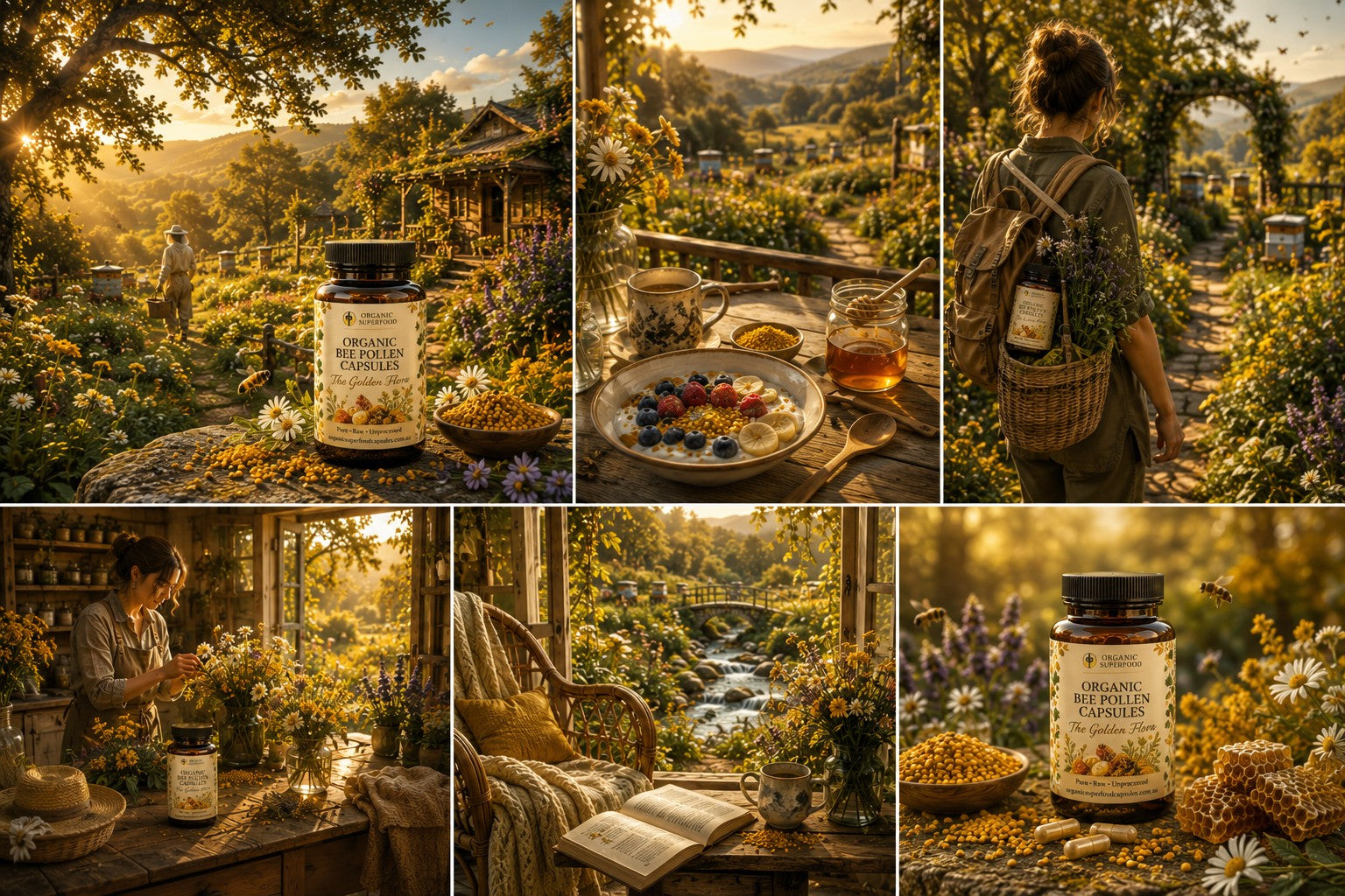A six-panel collage showing a herbal supplement bottle in warm, golden outdoor and indoor scenes. The bottle label reads 'HERBAL SUPPLEMENT' and 'ORGANIC FLAVONoids'.