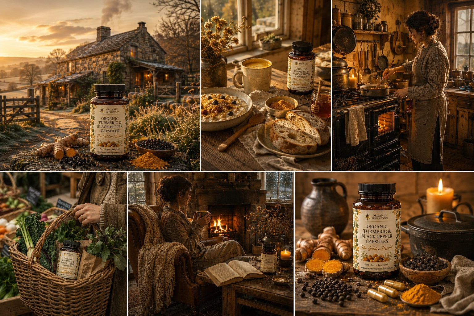 A six-panel collage showing a herbal supplement bottle in rustic lifestyle settings: outdoors beside a cottage at sunset, on a kitchen table with food and a person cooking, on a table with a woman preparing food, in a basket with greens, and on a table by a fireplace with an open book.