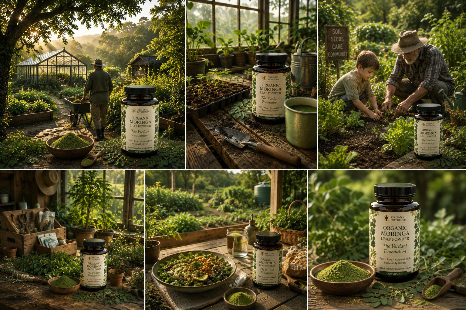 A six-panel collage showing supplement bottles placed in garden and greenhouse settings, with people gardening and bowls of green powder or herbs beside the bottles. The bottles have black caps and cream labels with green and black text.