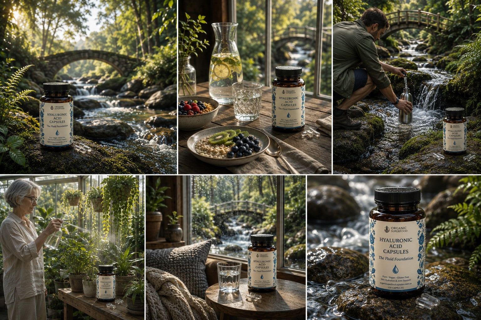A six-panel collage showing an amber supplement bottle labeled 'SILICONE-ENHANCED ACID ELIMINATOR' in various natural settings: beside a forest stream with a stone bridge, on a wooden table with fruit and a glass, next to a person kneeling in a stream, with a woman by a window, and a close-up of the bottle.