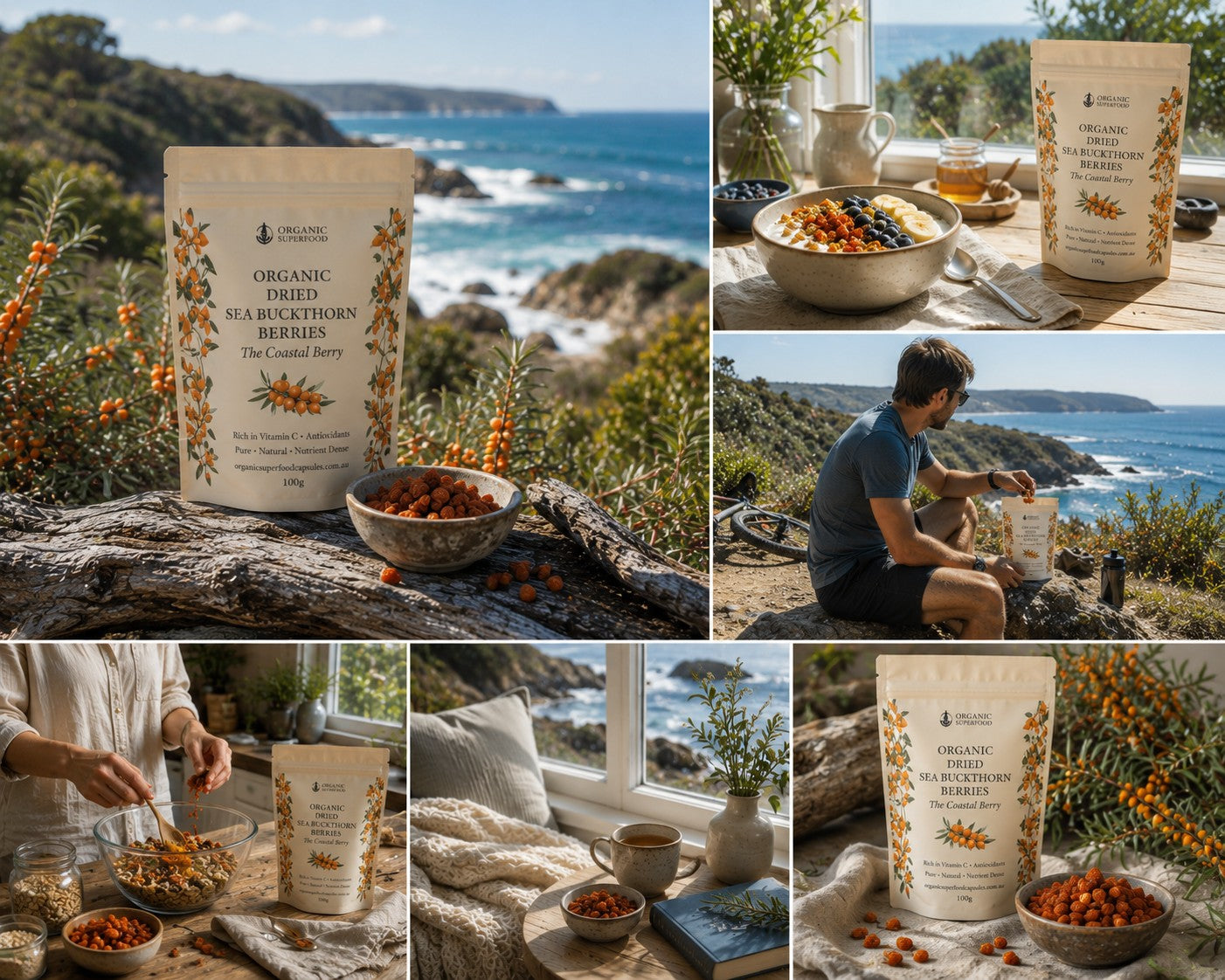 A collage of six lifestyle and product shots featuring a stand-up pouch of Organic Smoothie Mix Berry Flavors by The Art of Living, alongside bowls of prepared drink and berries, set against coastal and indoor scenic backdrops.