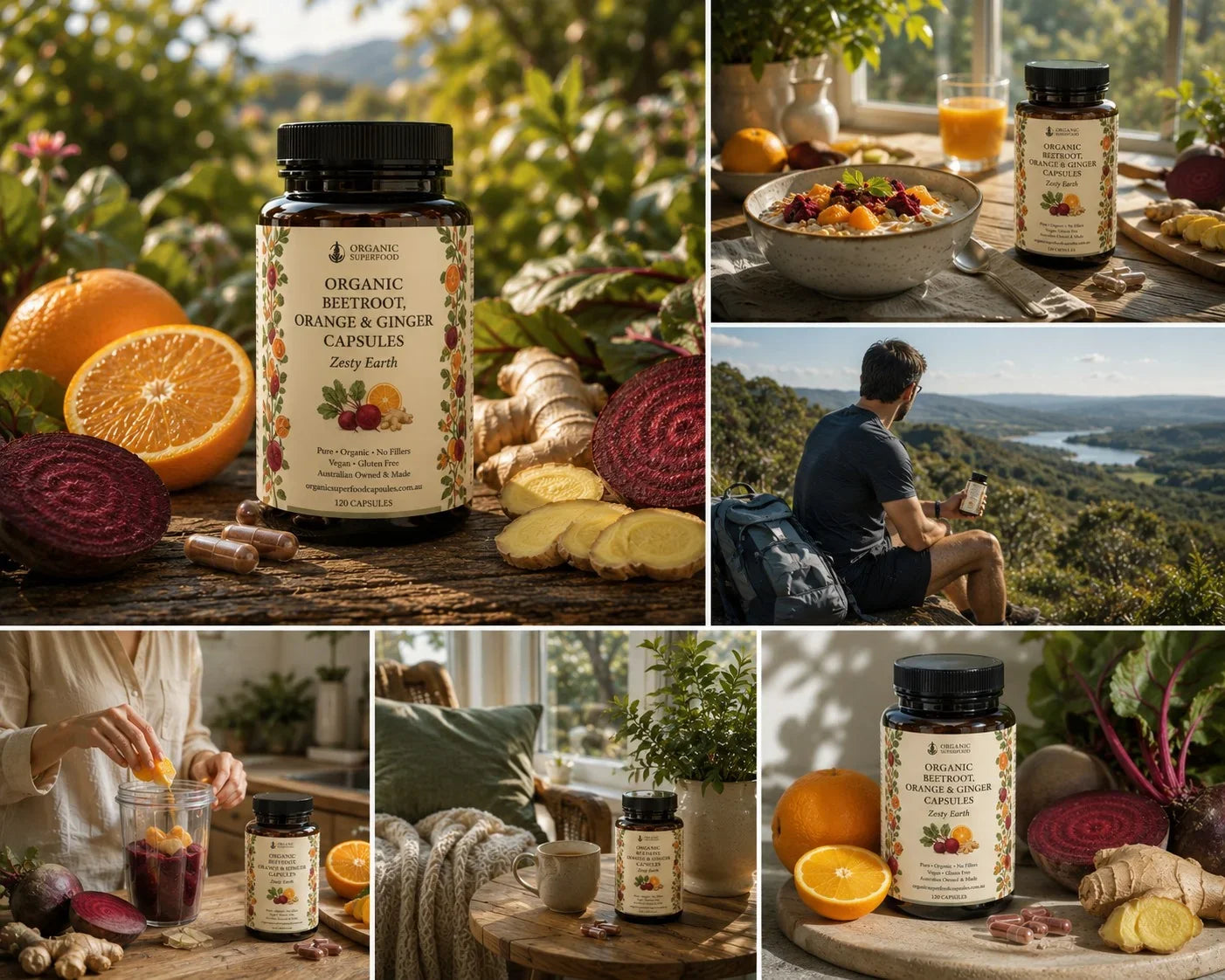 A collage of five panels showing a bottle of Organic Beetroot, Orange & Ginger Capsules dietary supplement. The main panel features the bottle surrounded by fresh ingredients like oranges, beetroot, and ginger.