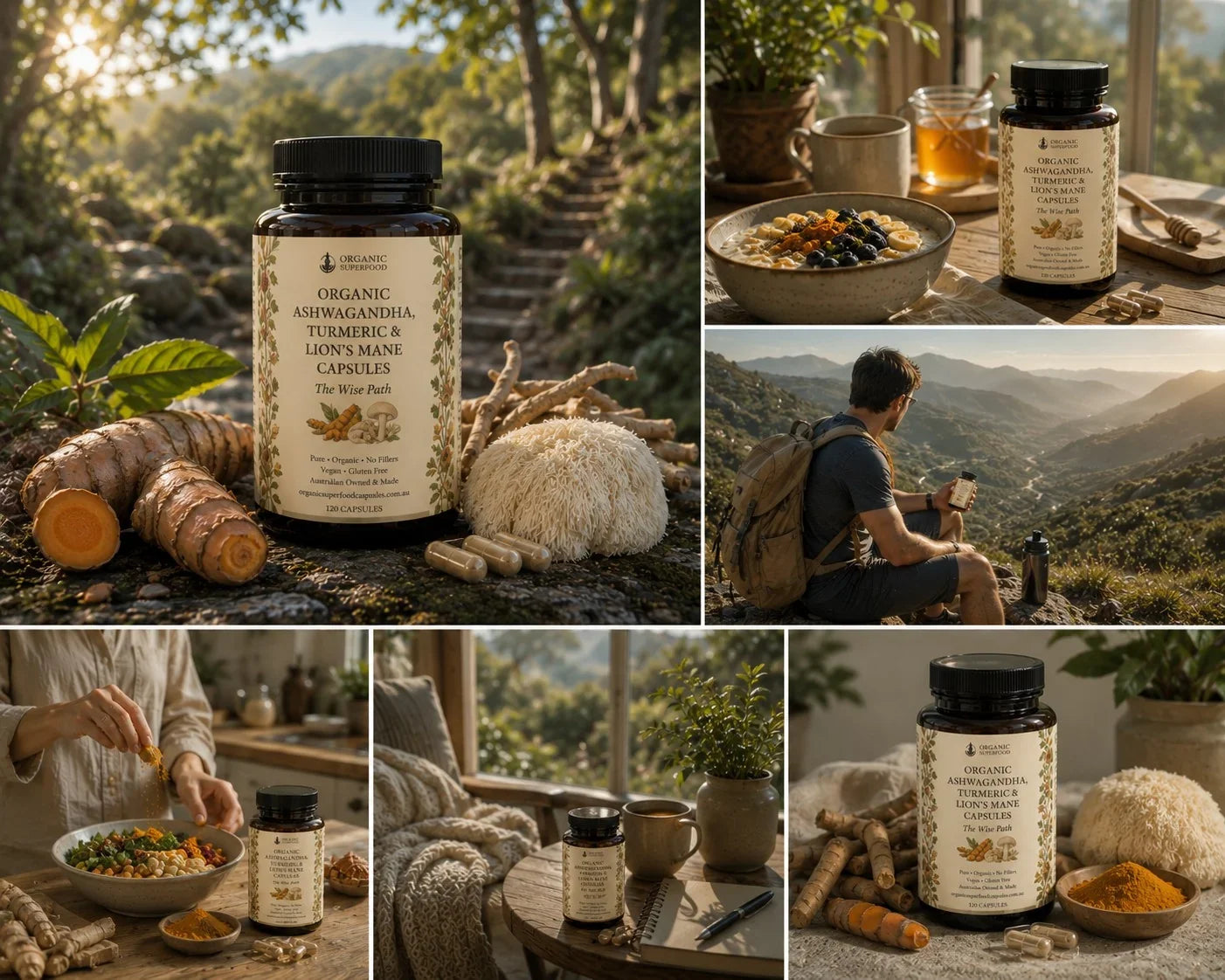 A six-panel collage showcasing a bottle of Turmeric & Joint Support capsules in various lifestyle settings. The product bottle is featured prominently alongside raw ingredients like turmeric root, white connective tissue, and capsules, as well as scenes of a person hiking and sitting by a mountain view, all under warm, natural lighting.