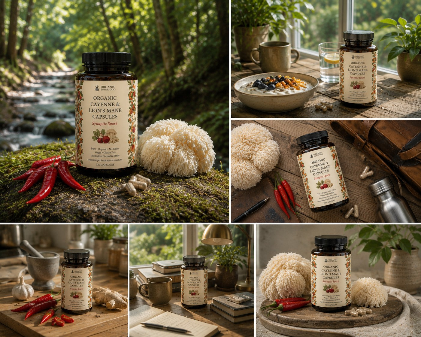 A collage of five lifestyle product photos showing a bottle of organic cat urine and lion's mane capsules placed in natural settings beside red chilies, mushrooms, herbs, and rustic tabletops.