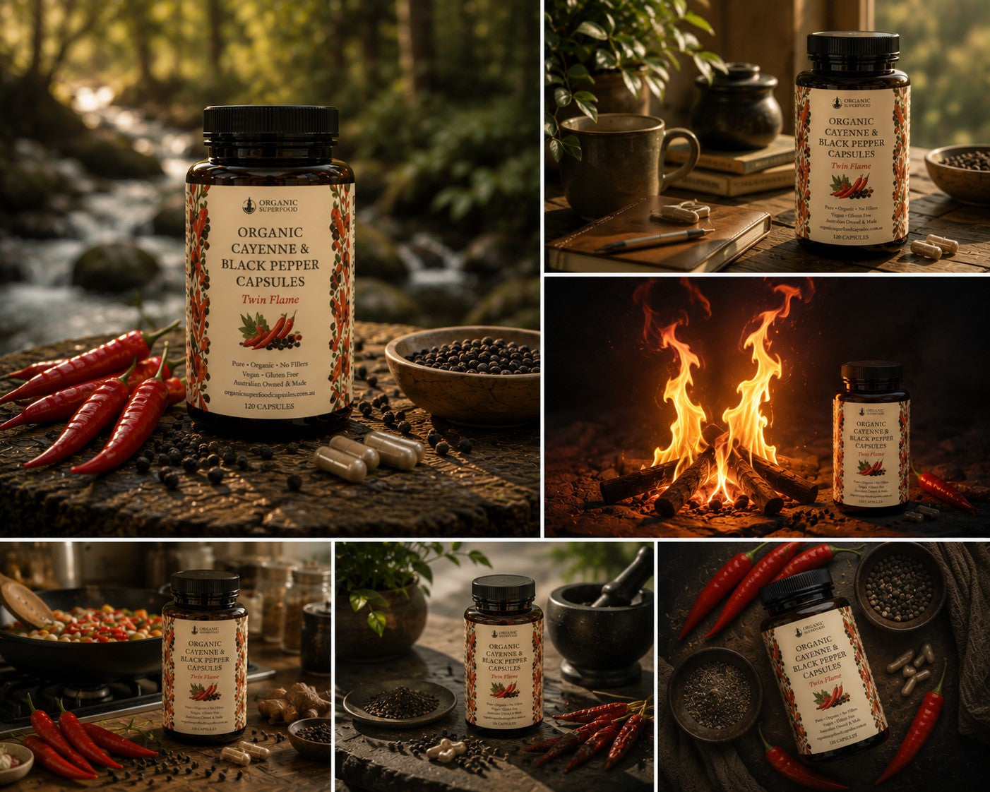A collage of five lifestyle photos showing a bottle of Organic Coconut & Black Pepper Capsules in a warm, rustic setting. The product is displayed next to red chilies, whole peppercorns, and cooking ingredients, with scenes including a forest stream, a campfire, and a kitchen stove.