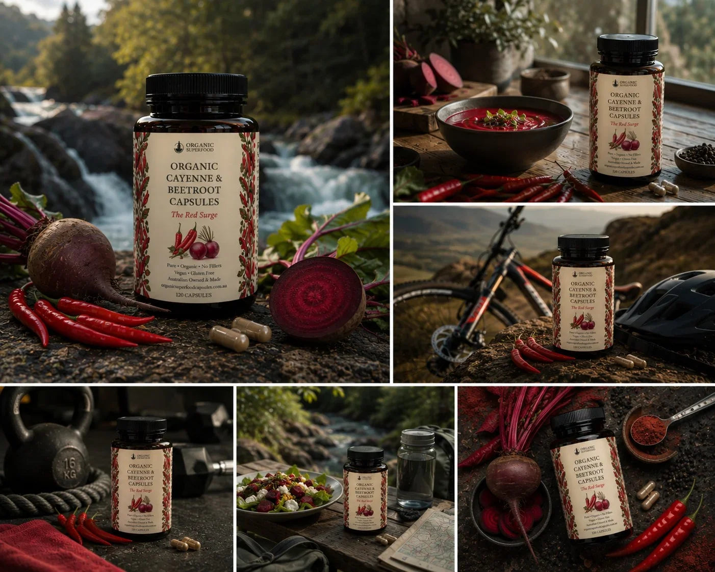 A 5-panel collage showcasing a bottle of organic cayenne and beetroot capsules in various outdoor and rustic lifestyle settings, surrounded by fresh ingredients like red chilis, beets, and a bowl of red sauce.