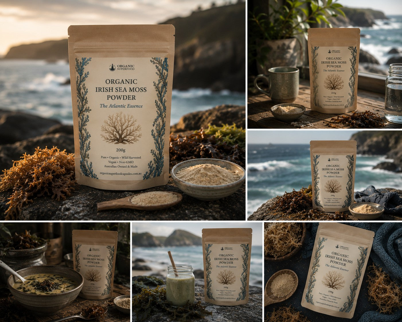A collage showing multiple outdoor product photos of a stand-up pouch labeled Organic Irish Sea Moss Powder. The pouch is displayed on rocky shores, near the ocean, with bowls of dried and powdered sea moss, a metal mug, and a glass jar in coastal settings.