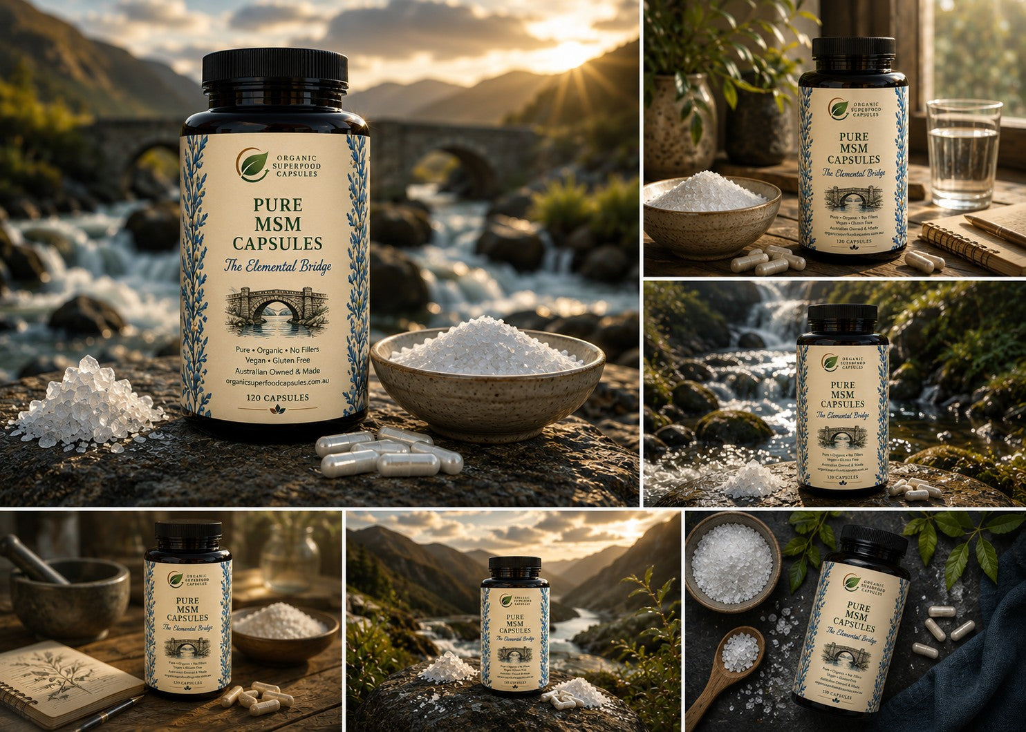 A collage of six lifestyle product photos showing a bottle of Pure MSM Capsules placed outdoors by a stream or forest, with bowls of white powder, capsules, and a glass of water. The label reads 'PURE MSM CAPSULES The Cleansemed Study' and '100% Organic Pure MSM Capsules'.