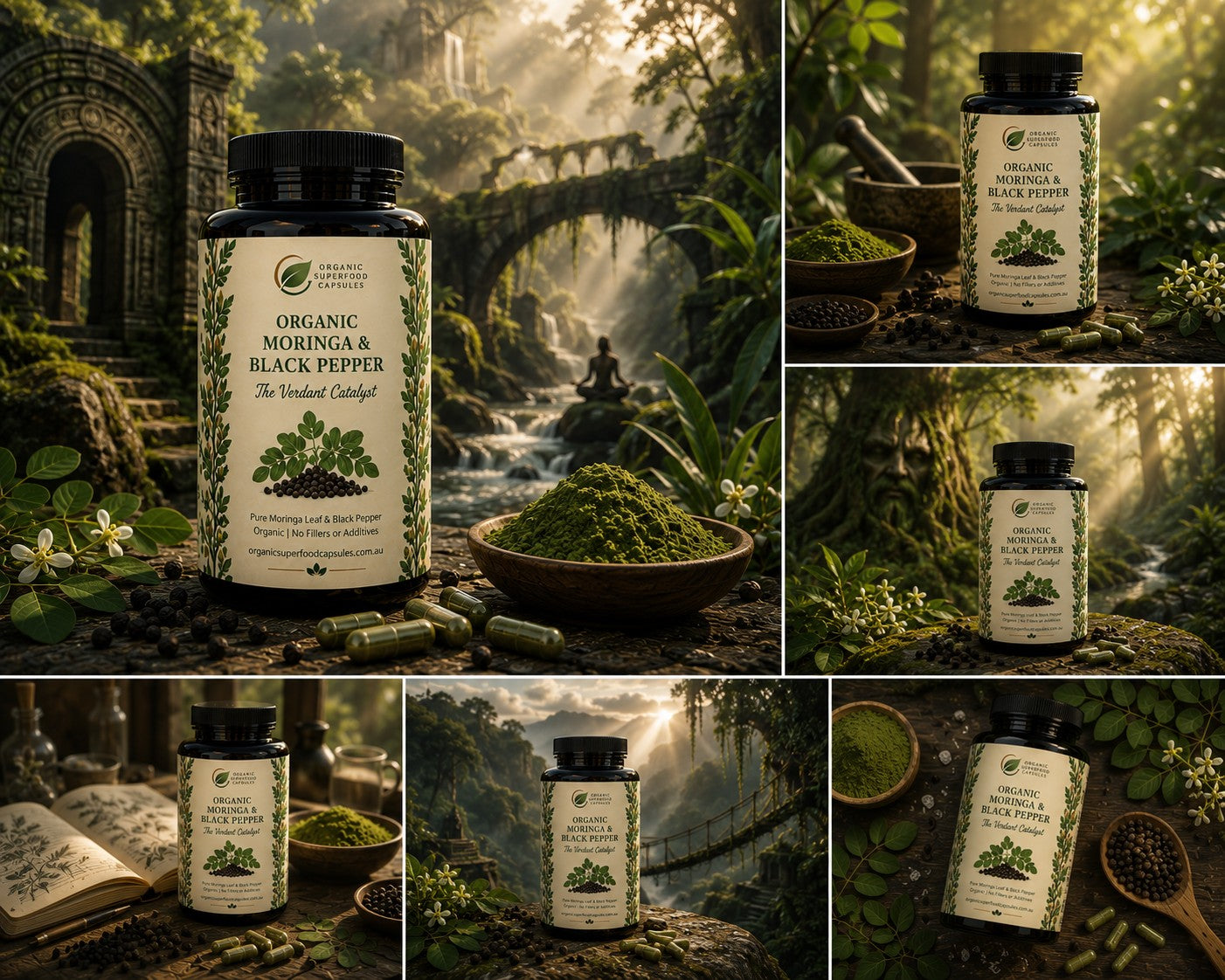 A collage of six product photos showing a bottle of Organic Morinda & Black Pepper herbal supplement placed in a mystical forest scene with mossy stones, a stream, bowls of green powder, and an open book. The bottle label is visible and reads Organic Morinda & Black Pepper.