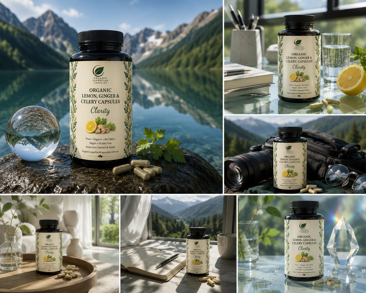 A six-panel collage showing a bottle of Clarity dietary supplement capsules in various natural and indoor settings, including mountains, lakes, and windowsill scenes.
